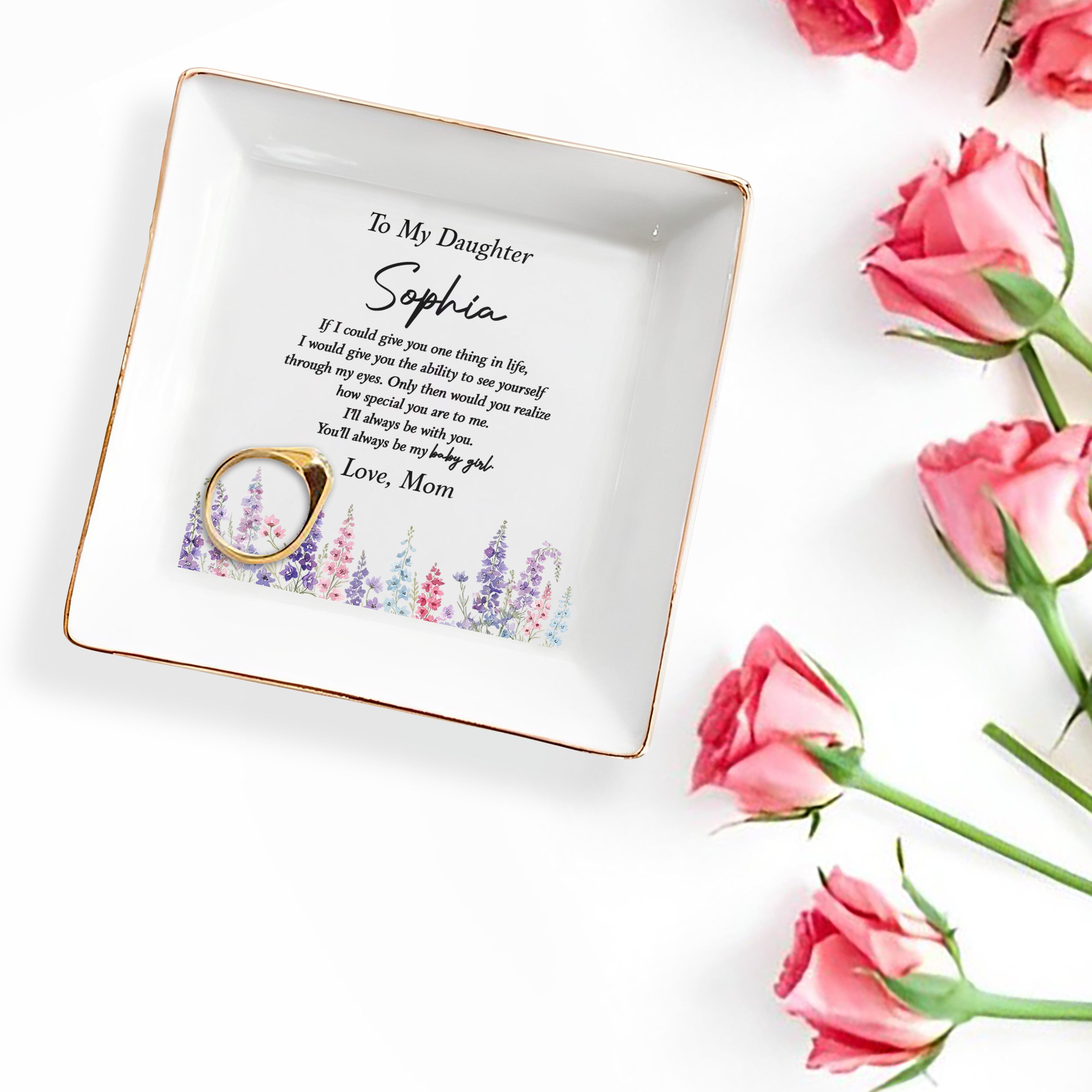Personalized Floral Ceramic Jewelry Dish Custom Gift for Daughter