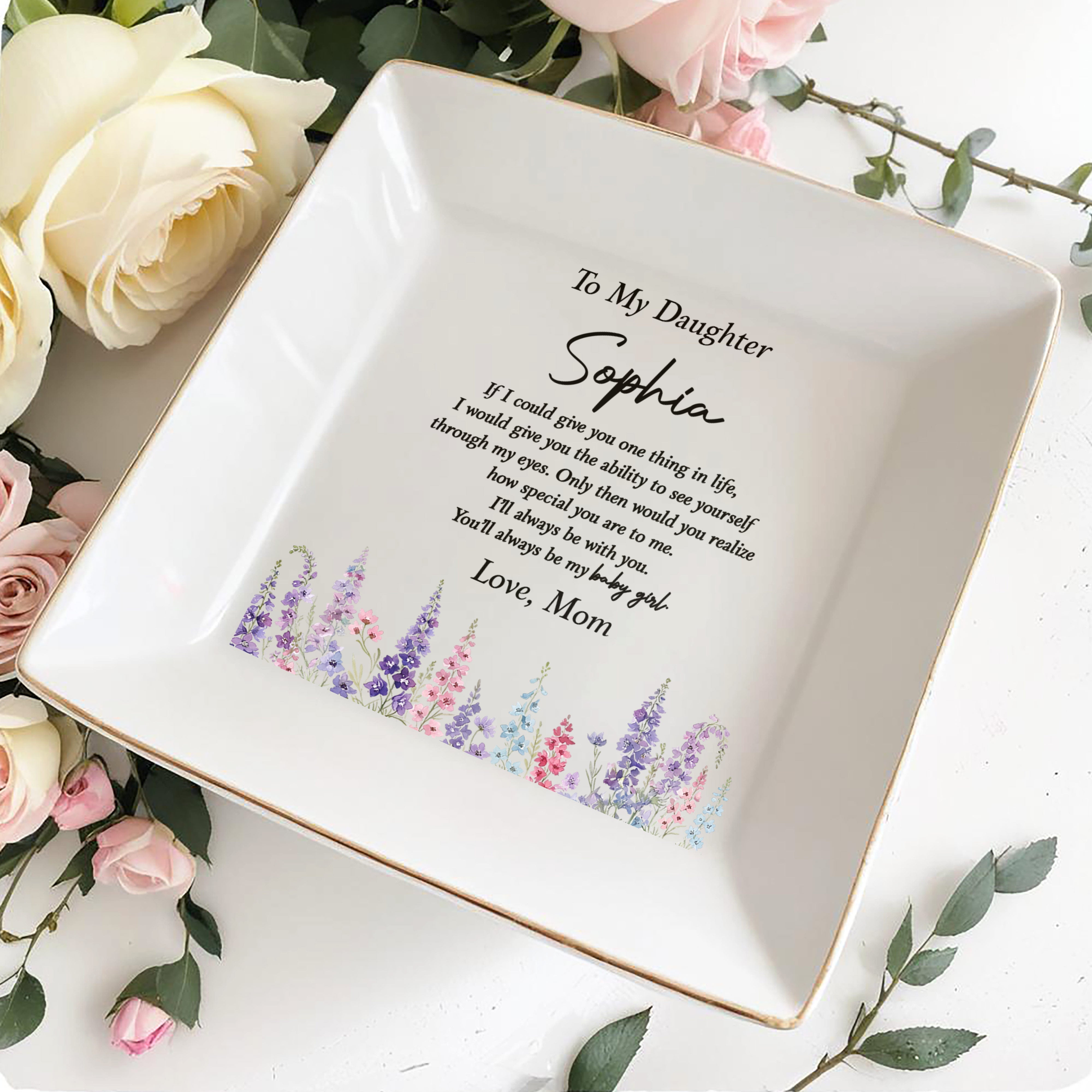 Personalized Floral Ceramic Jewelry Dish Custom Gift for Daughter