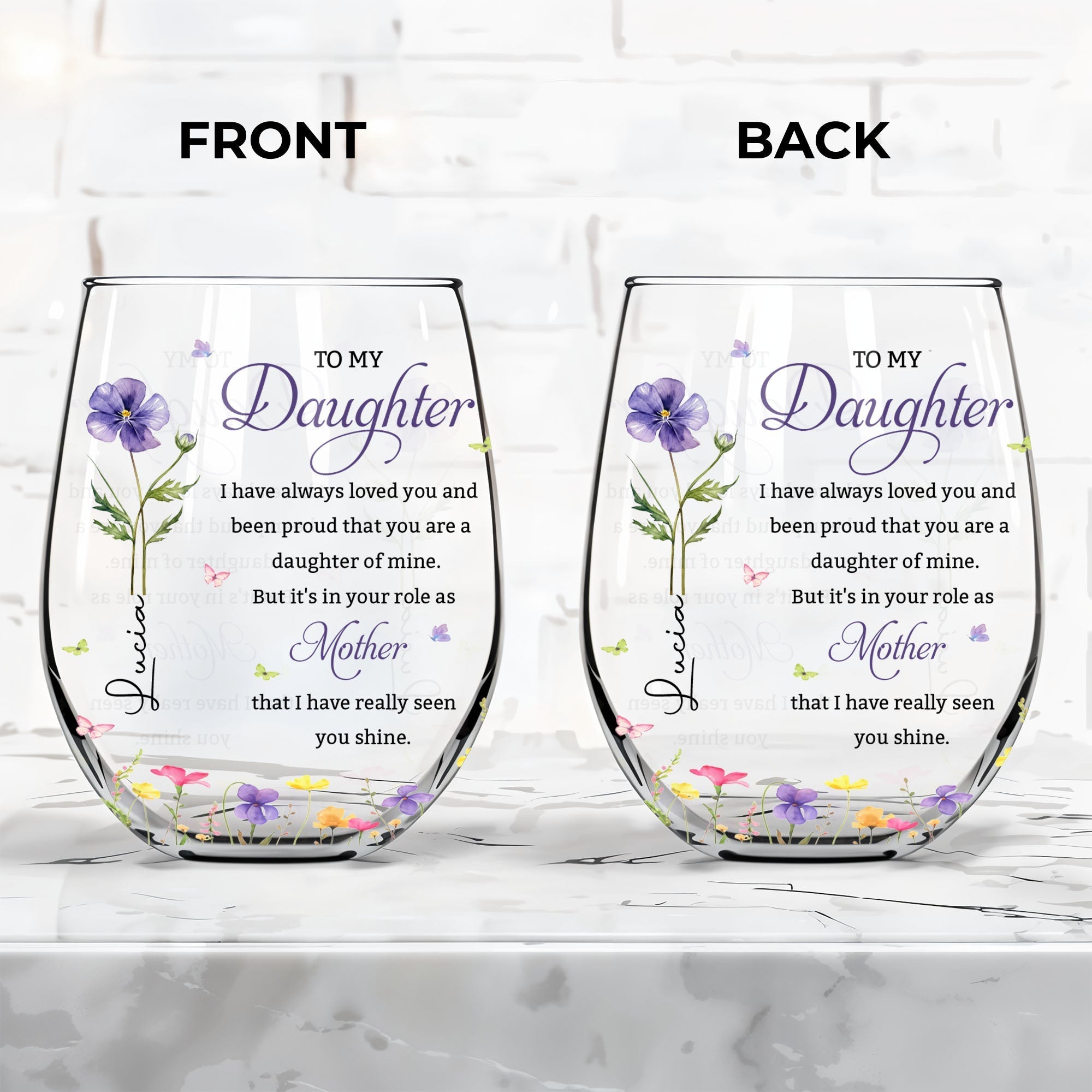 Personalized Stemless Wine Glass Custom Birth Month Flowers Gift for Daughter