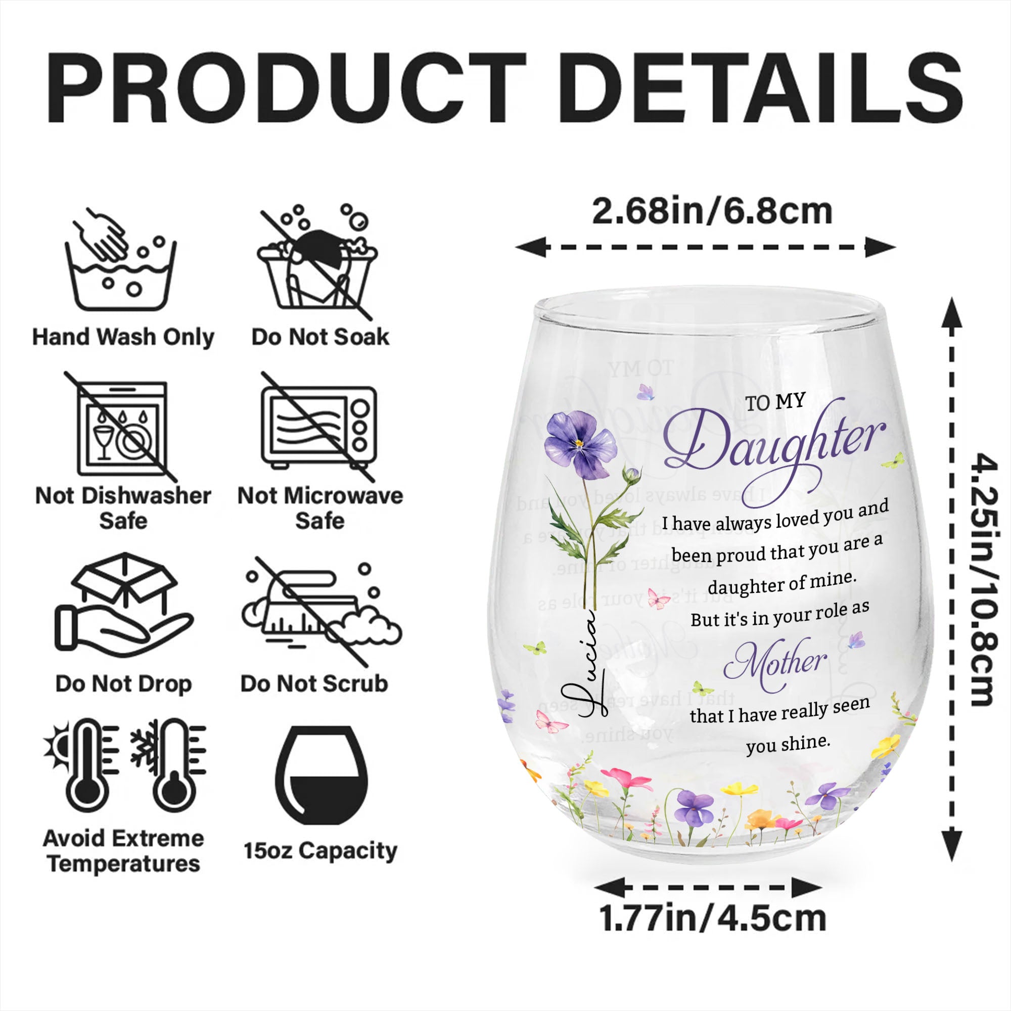 Personalized Stemless Wine Glass Custom Birth Month Flowers Gift for Daughter