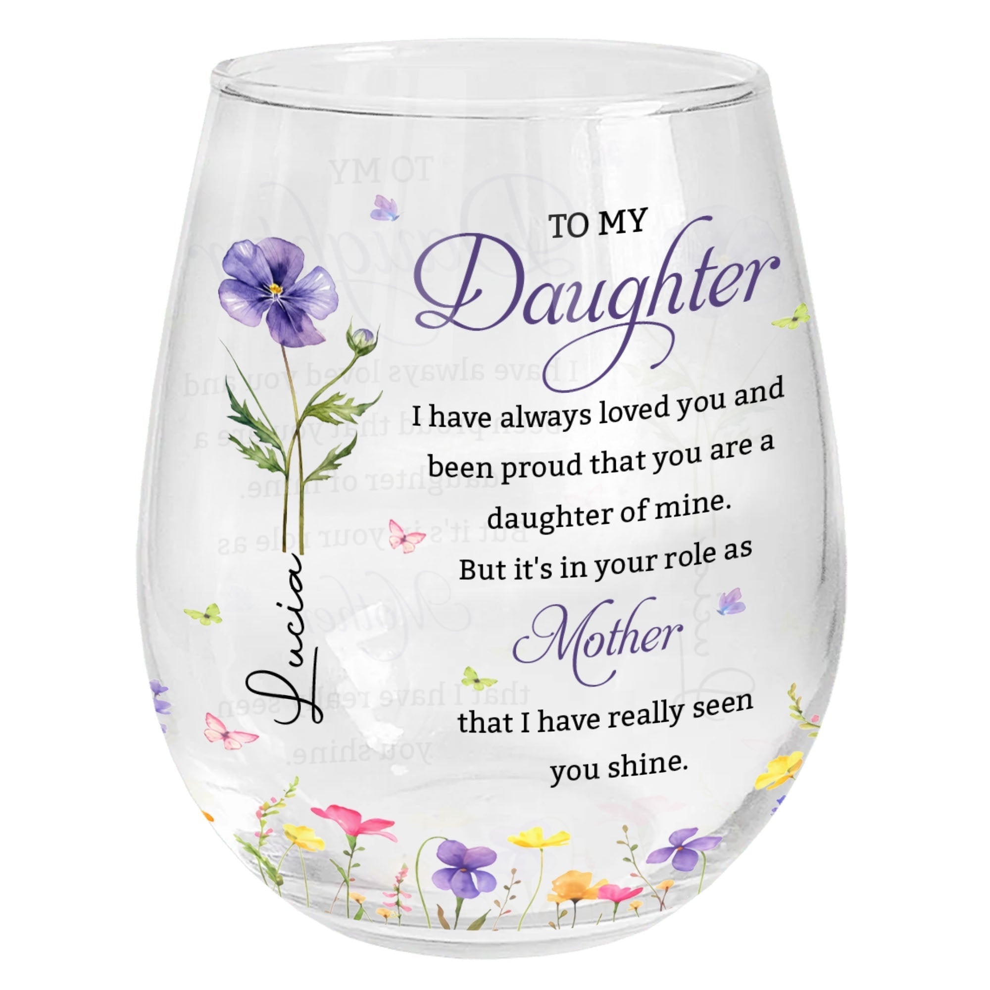 Personalized Stemless Wine Glass Custom Birth Month Flowers Gift for Daughter