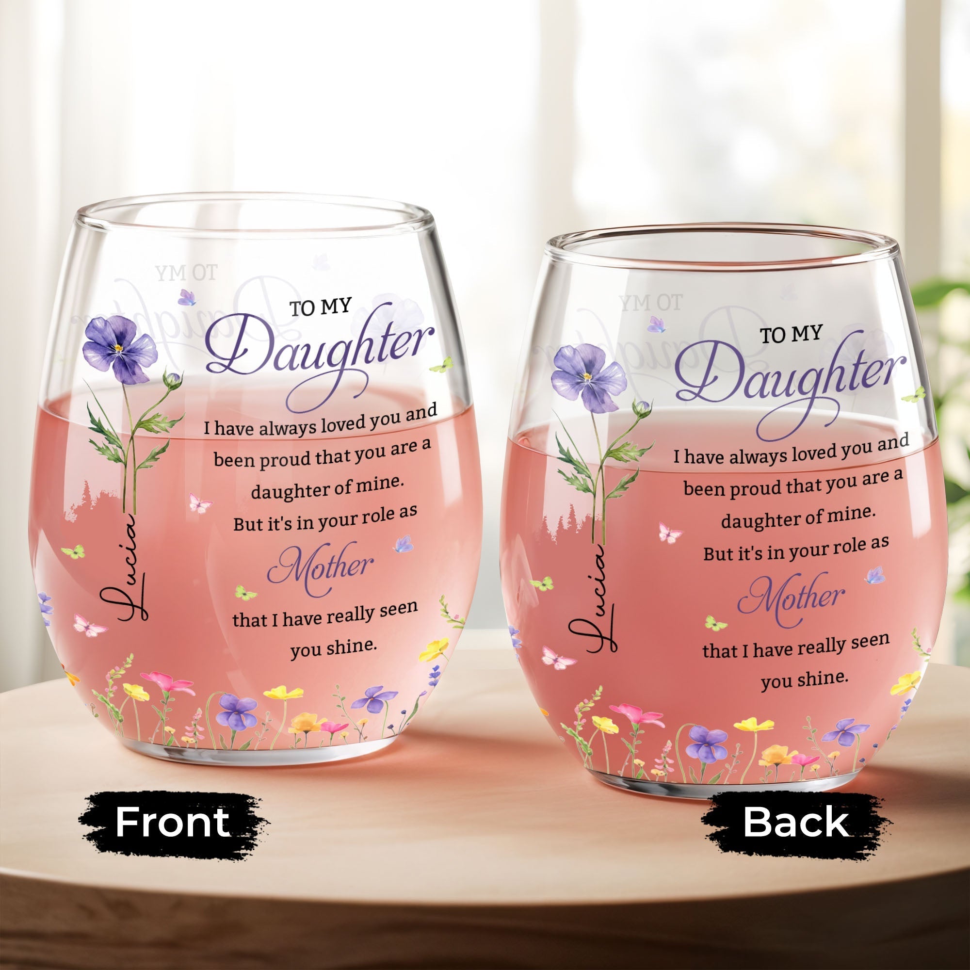 Personalized Stemless Wine Glass Custom Birth Month Flowers Gift for Daughter