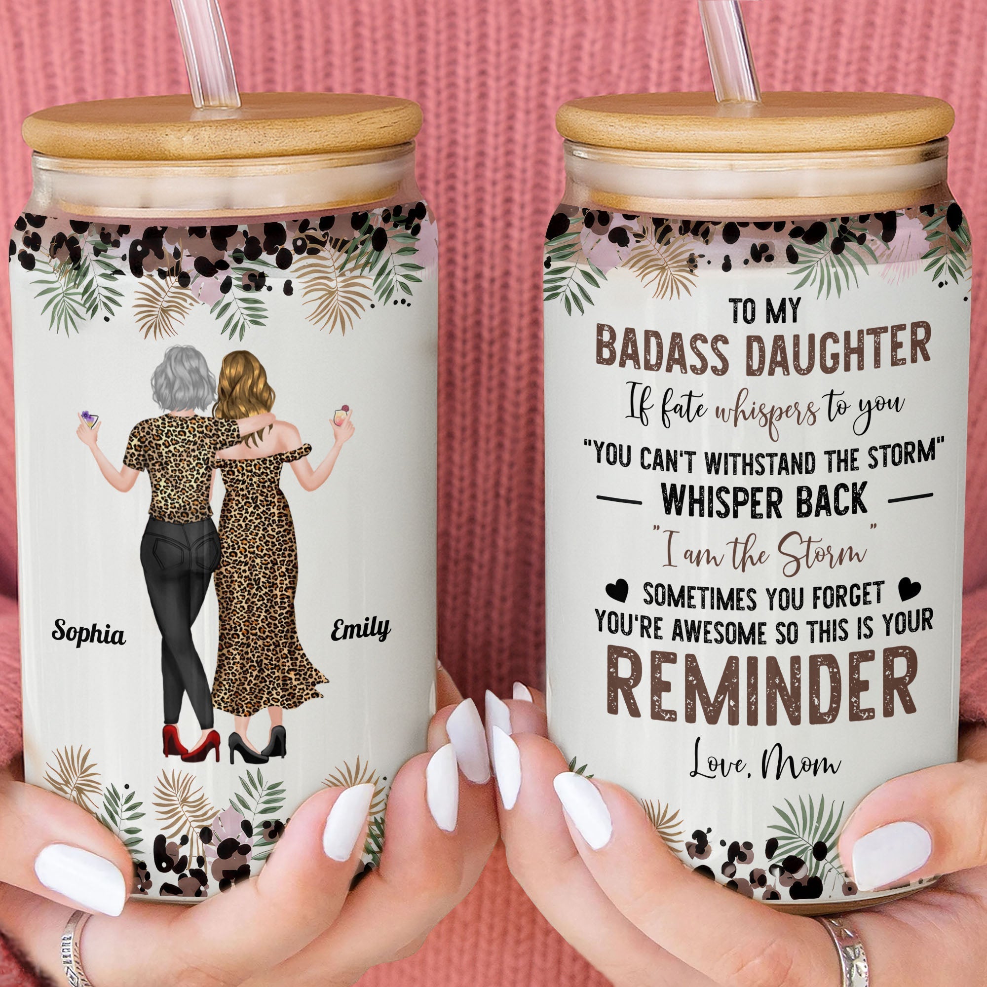 Personalized Clear Glass Can with Leopard Print for Daughter