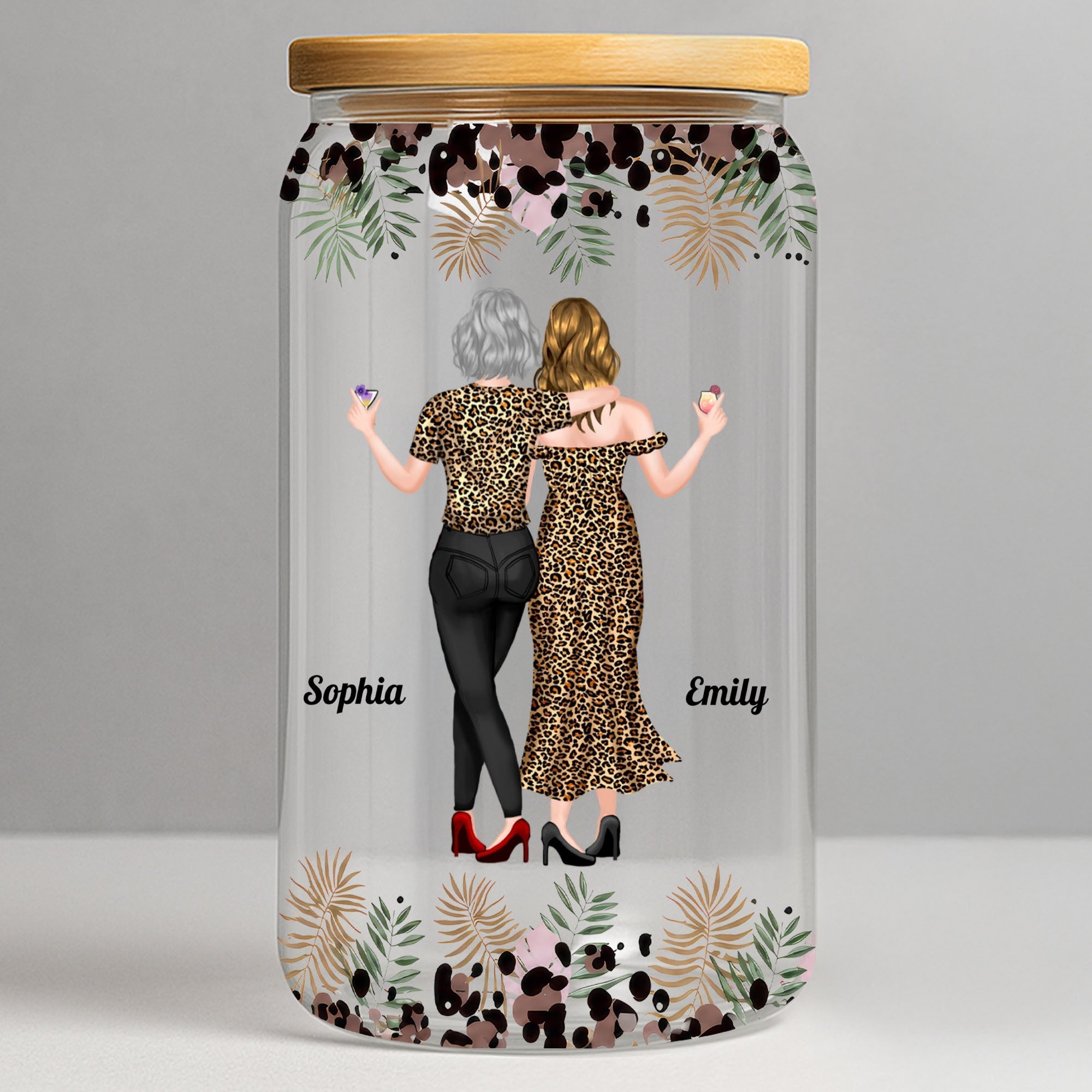 Personalized Clear Glass Can with Leopard Print for Daughter