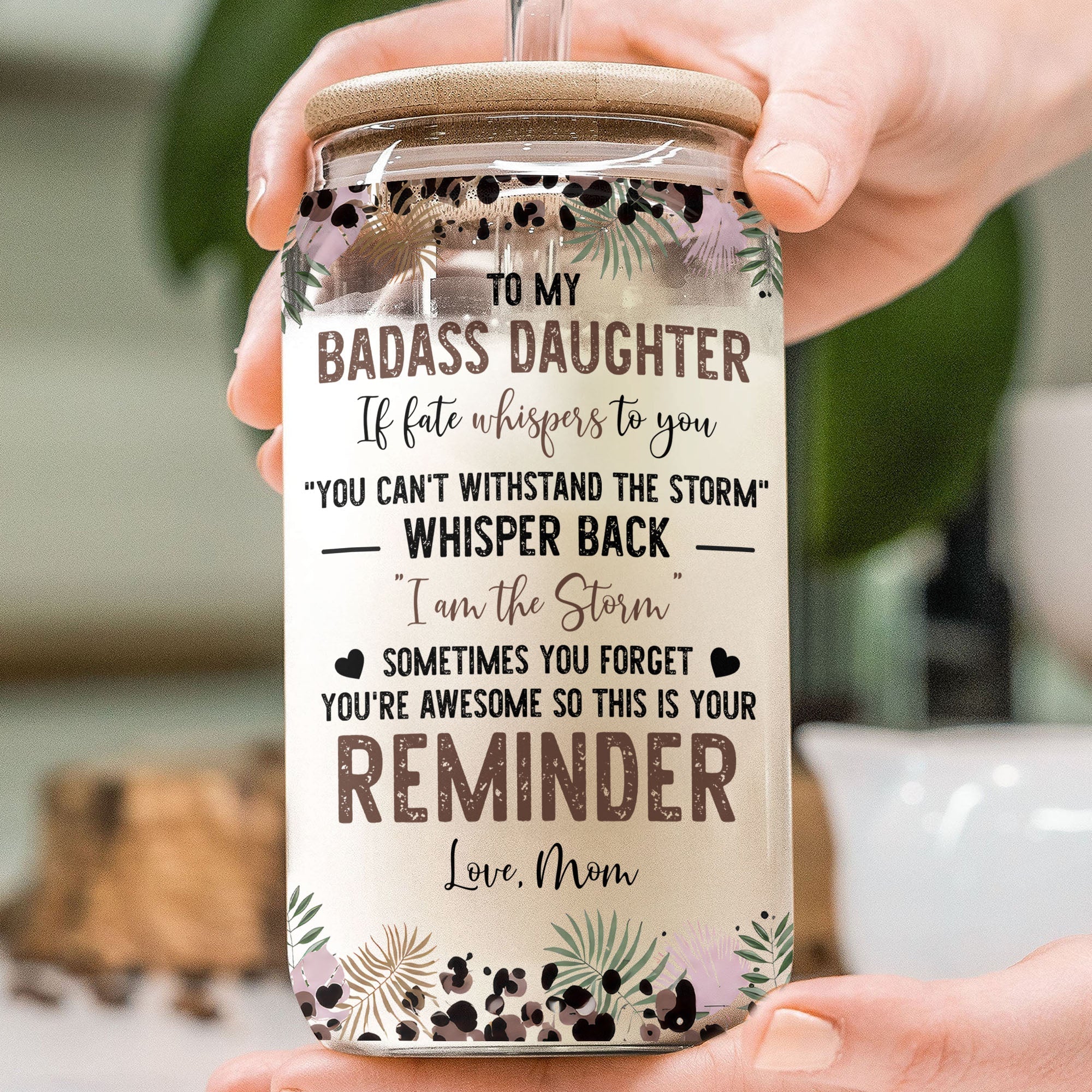 Personalized Clear Glass Can with Leopard Print for Daughter
