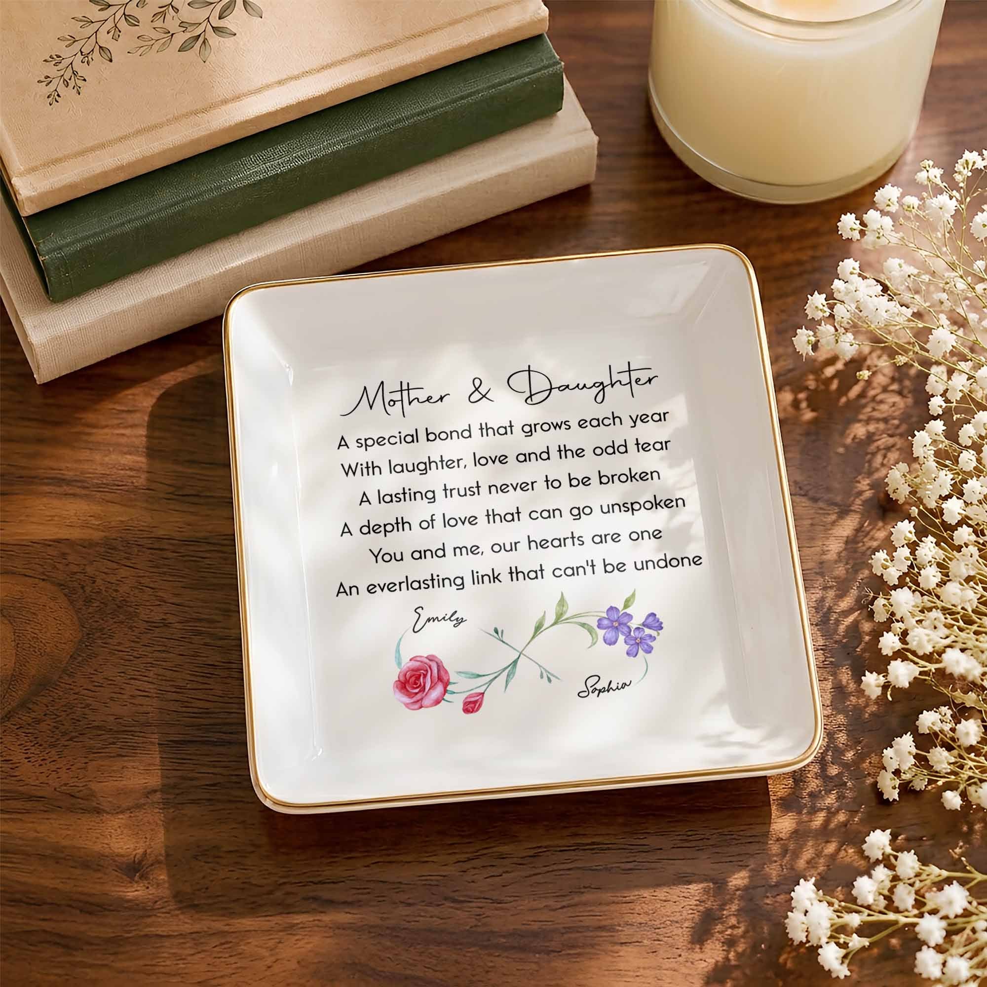 Personalized Infinity Birth Flowers Jewelry Dish Custom Gift for Mom or Daughter