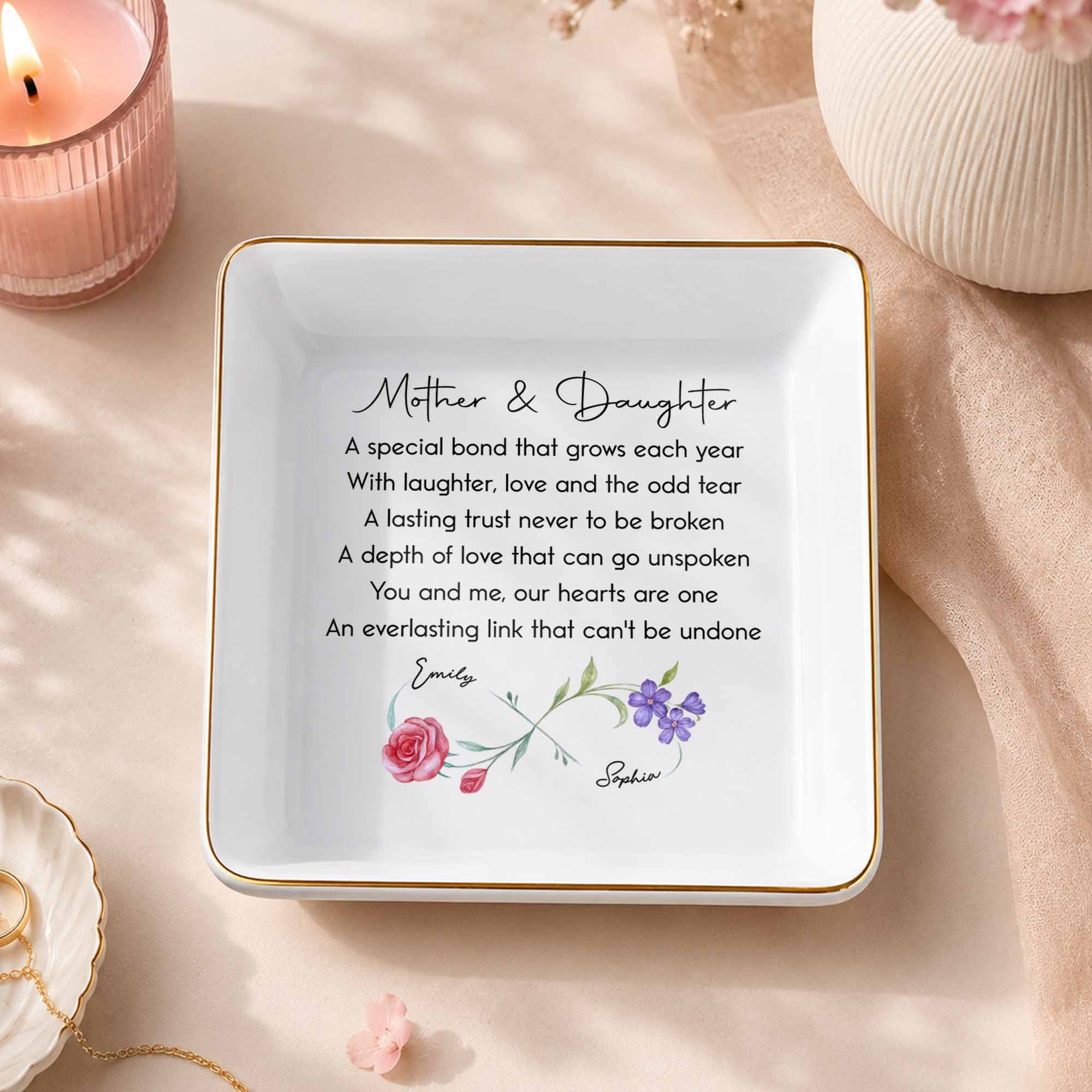Personalized Infinity Birth Flowers Jewelry Dish Custom Gift for Mom or Daughter
