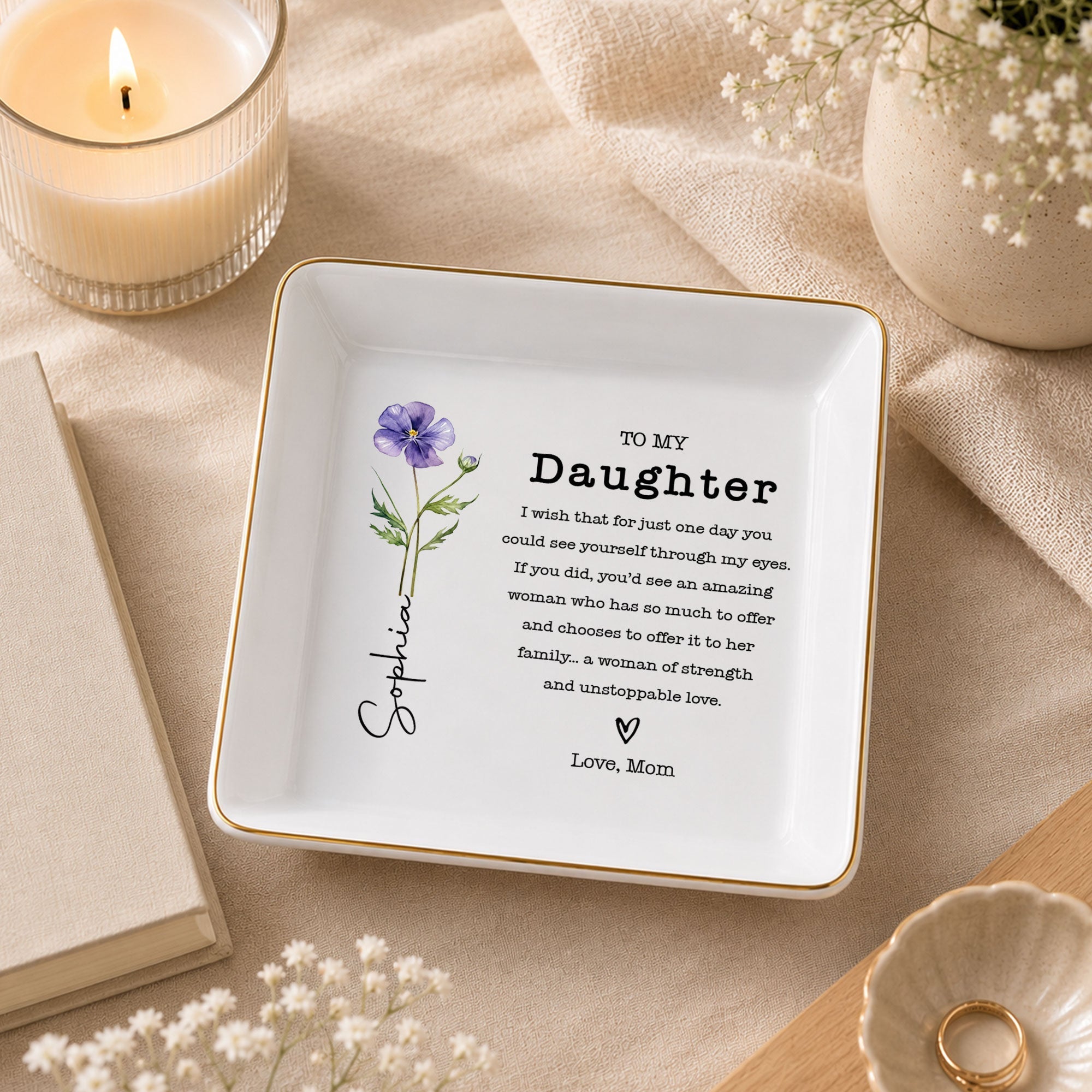 Personalized Jewelry Dish Custom Birth Month Flower Gift for Daughter