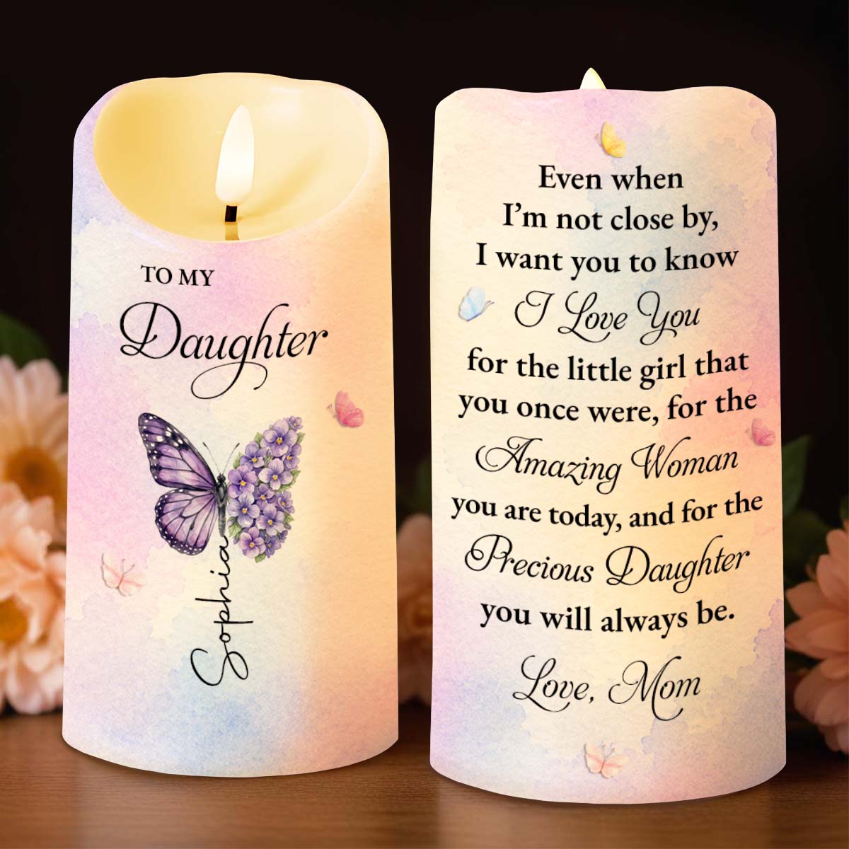 Personalized LED Candle Custom Butterfly Flower Gift for Daughter