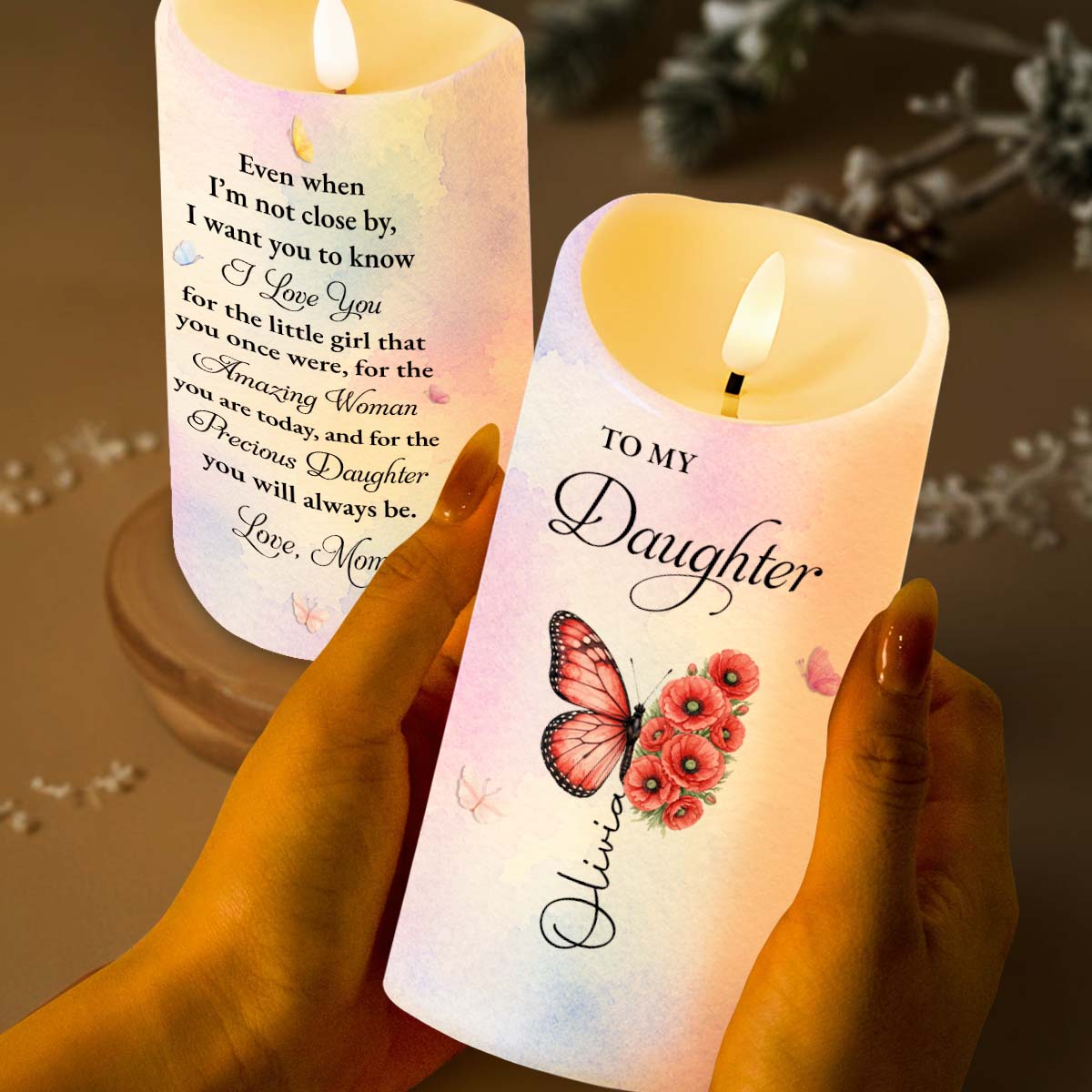 Personalized LED Candle Custom Butterfly Flower Gift for Daughter