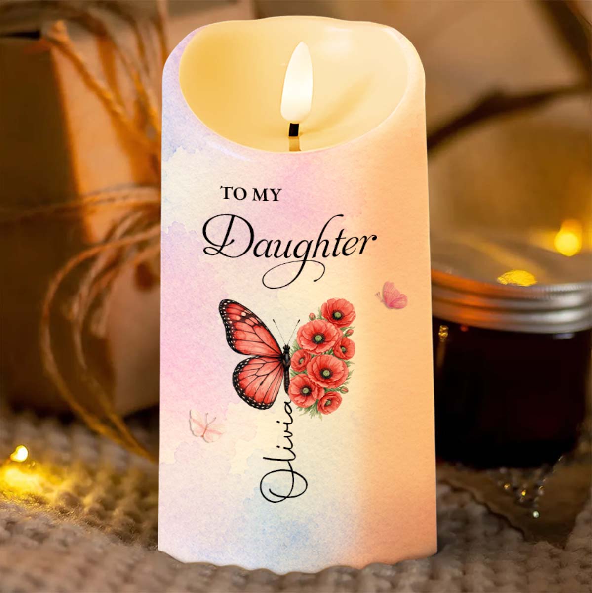 Personalized LED Candle Custom Butterfly Flower Gift for Daughter