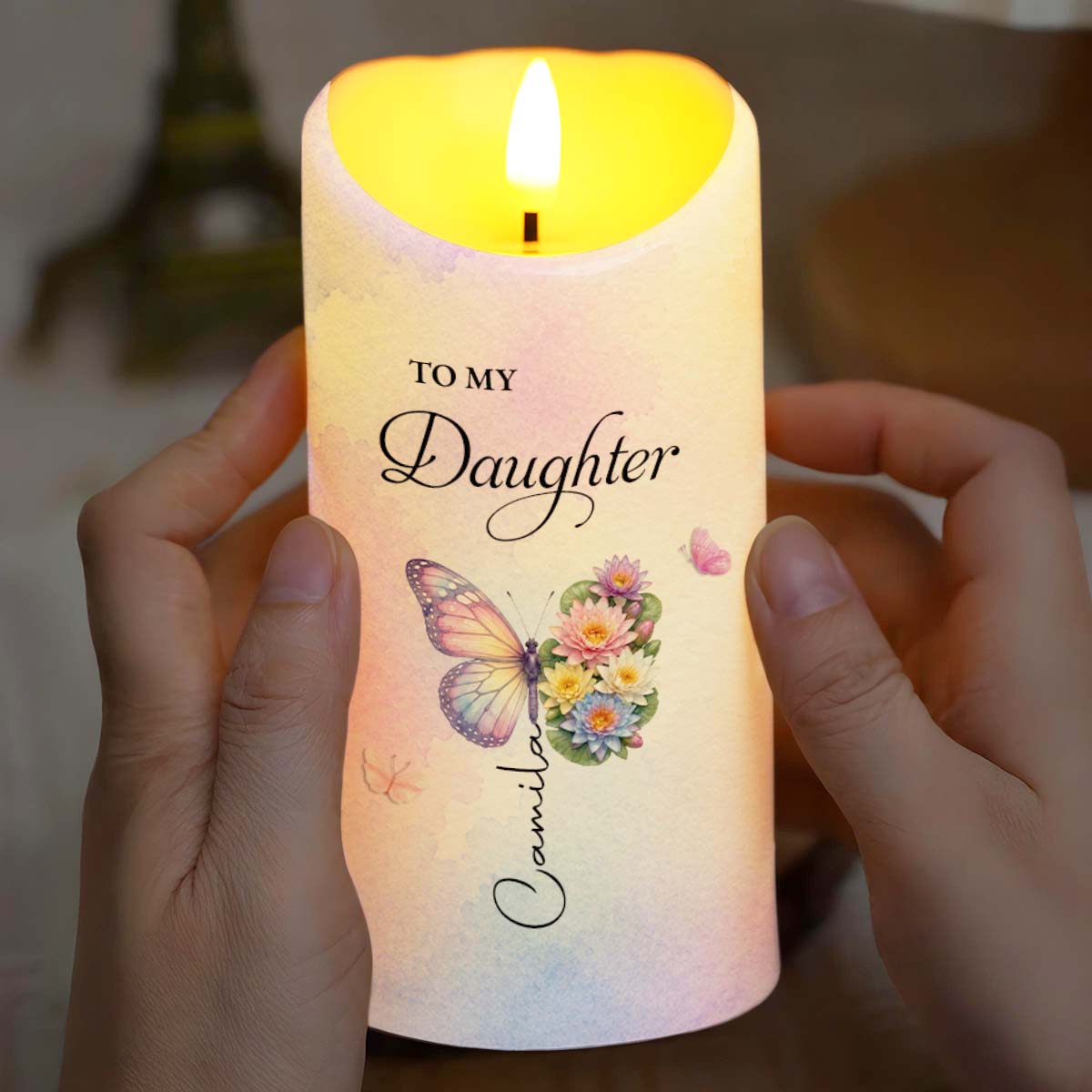 Personalized LED Candle Custom Butterfly Flower Gift for Daughter