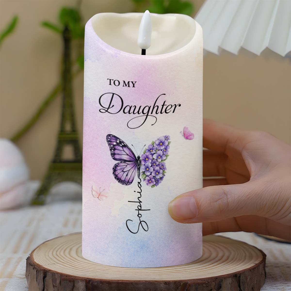 Personalized LED Candle Custom Butterfly Flower Gift for Daughter