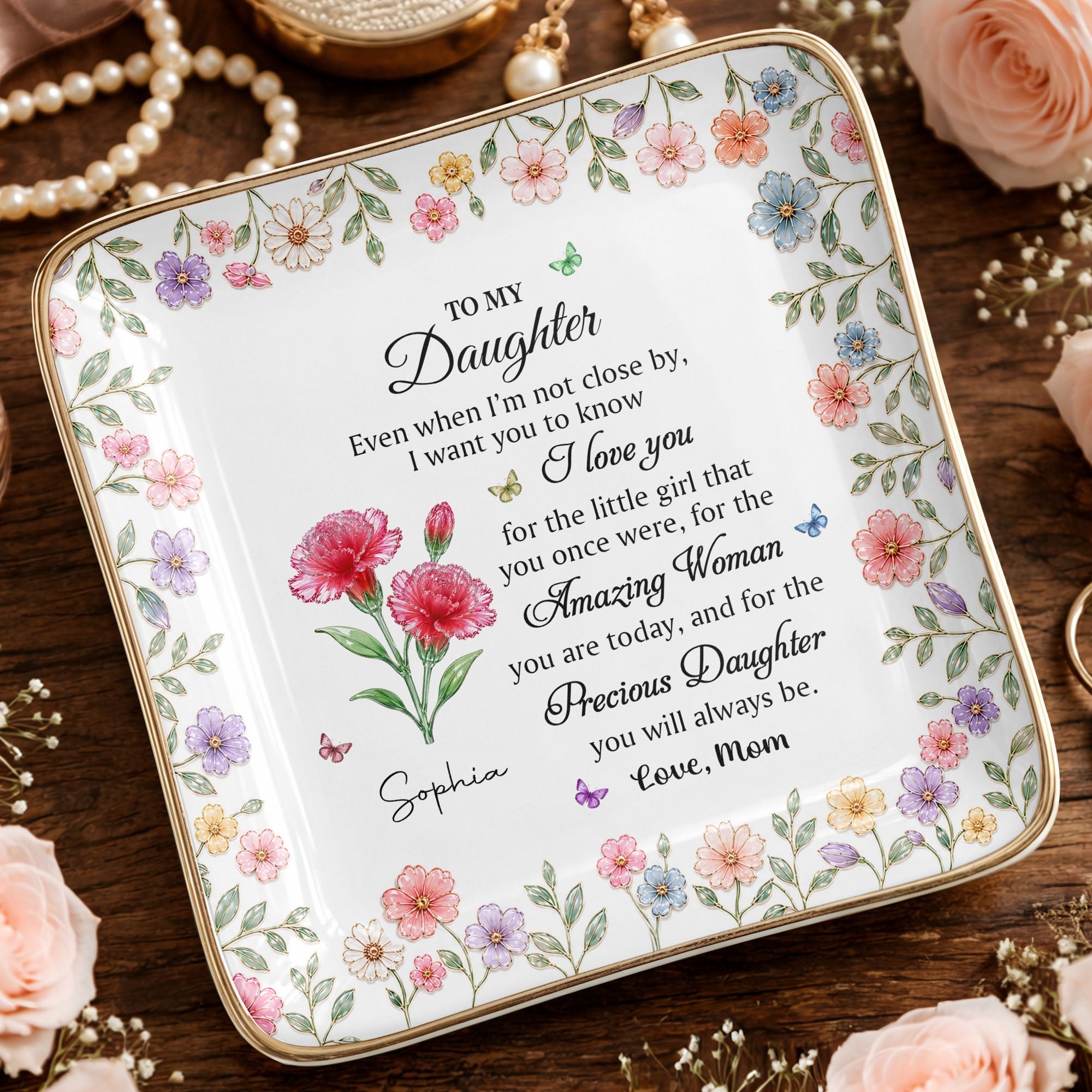 Personalized Ceramic Jewelry Dish Custom Birth Month Flowers for Daughter