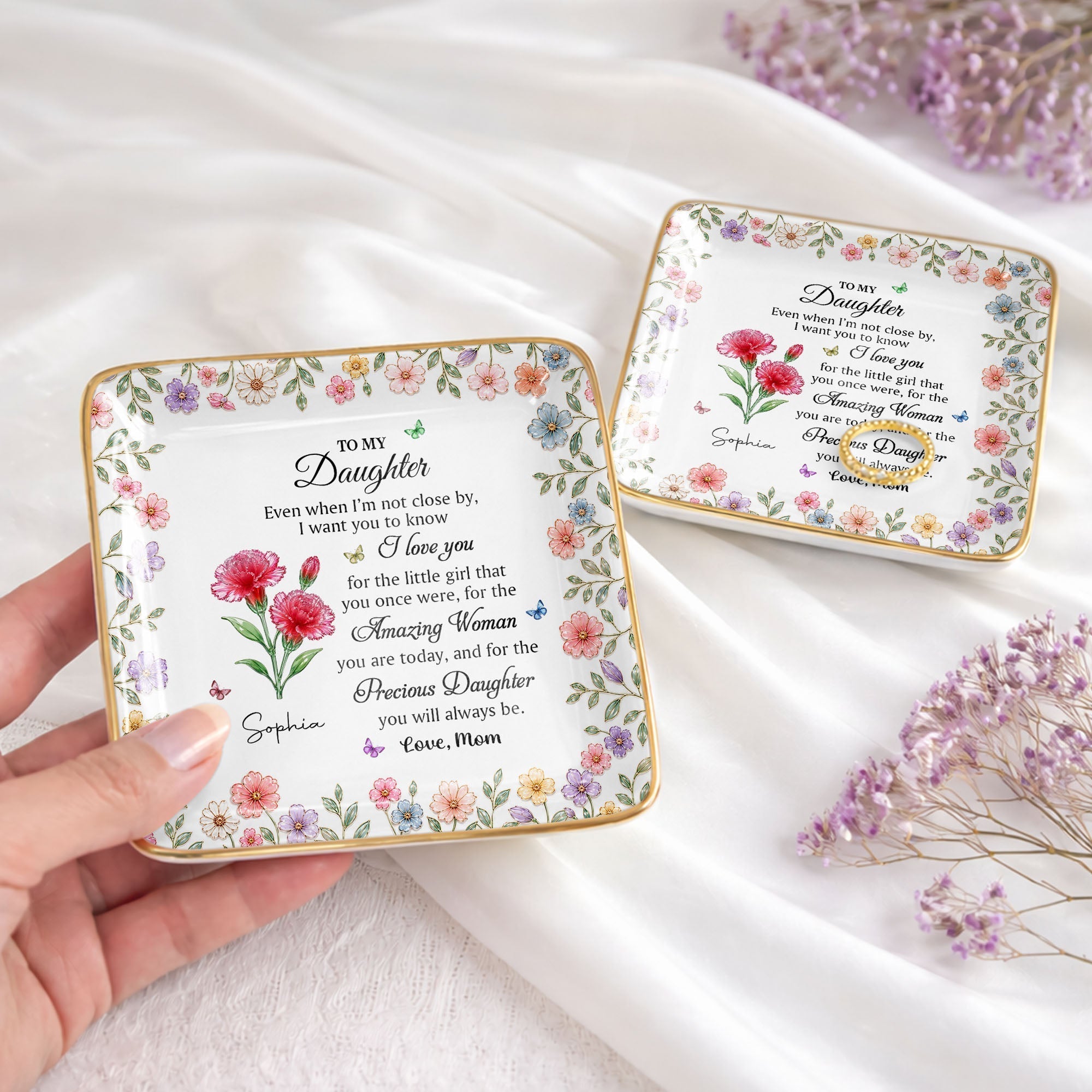 Personalized Ceramic Jewelry Dish Custom Birth Month Flowers for Daughter