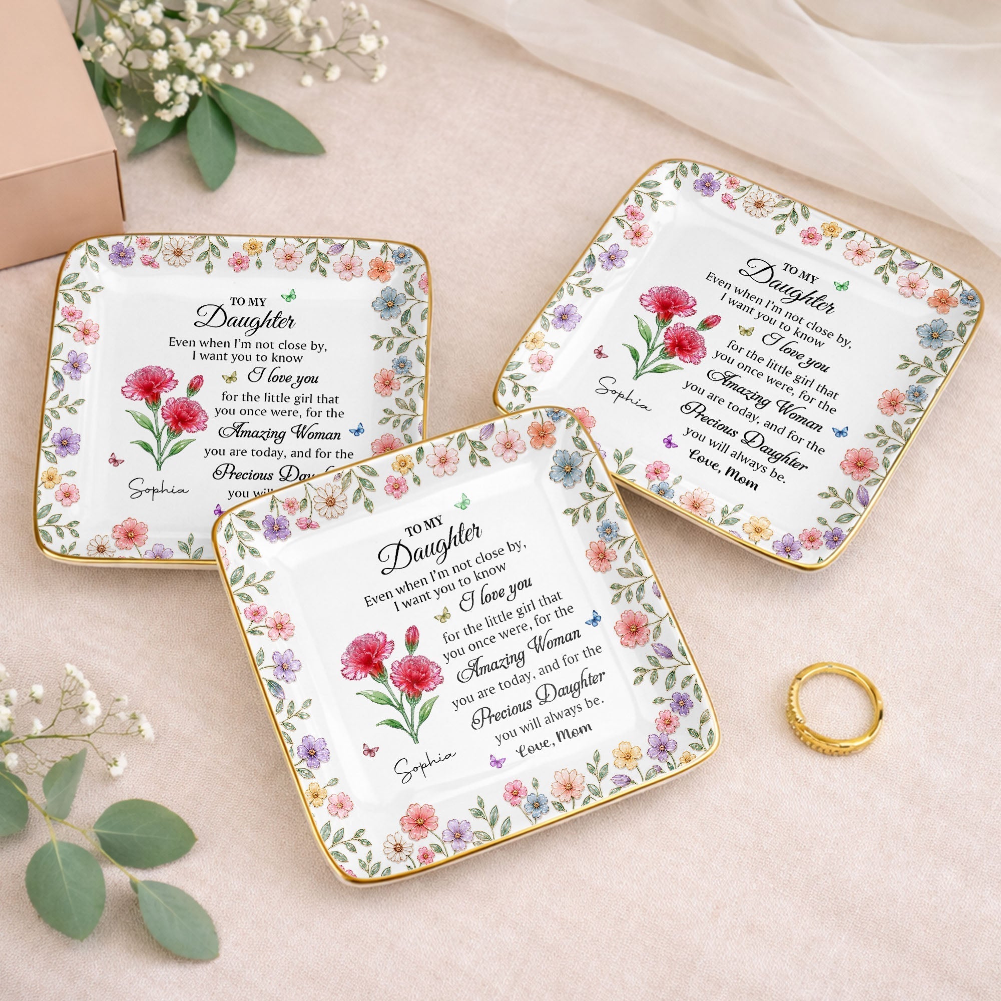 Personalized Ceramic Jewelry Dish Custom Birth Month Flowers for Daughter