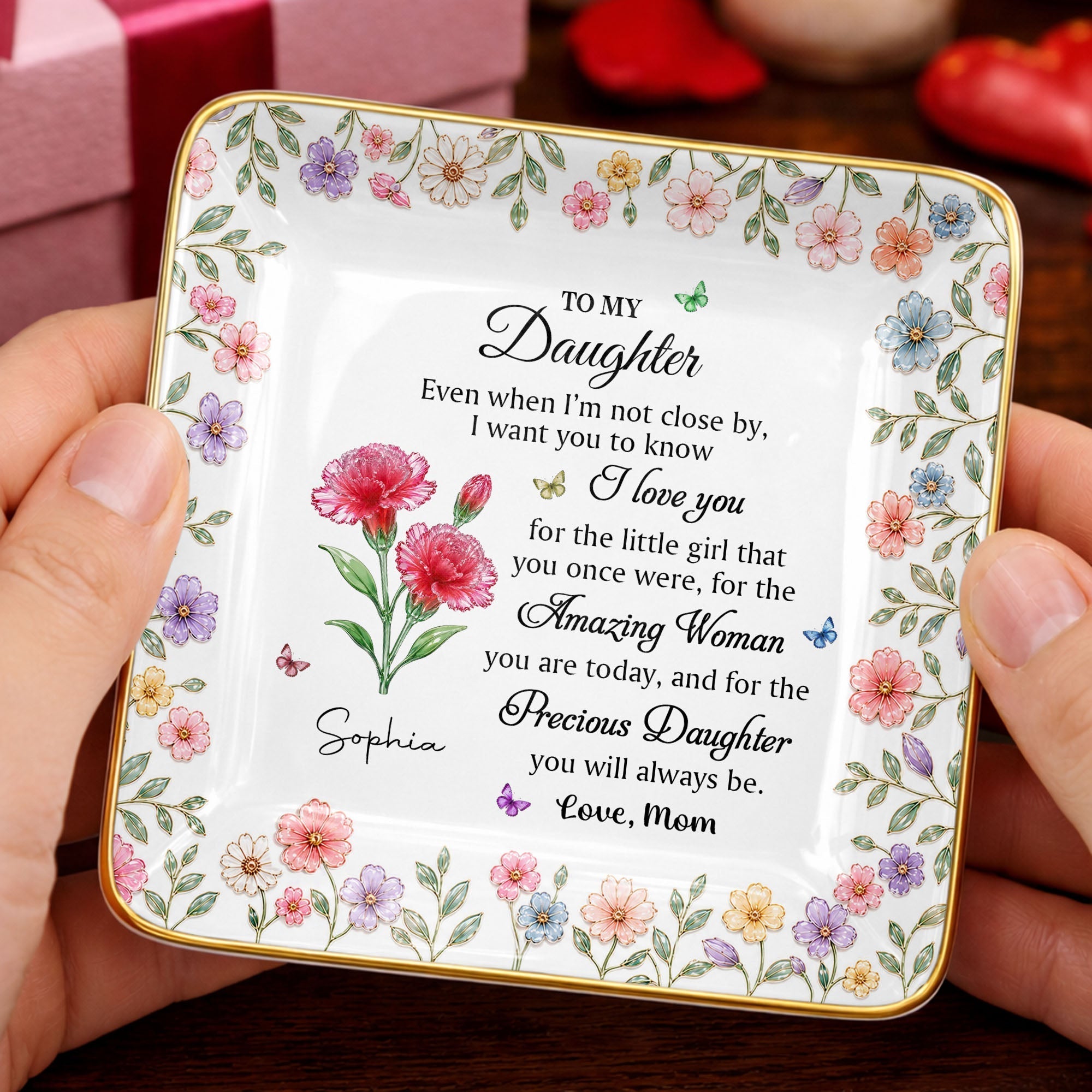 Personalized Ceramic Jewelry Dish Custom Birth Month Flowers for Daughter