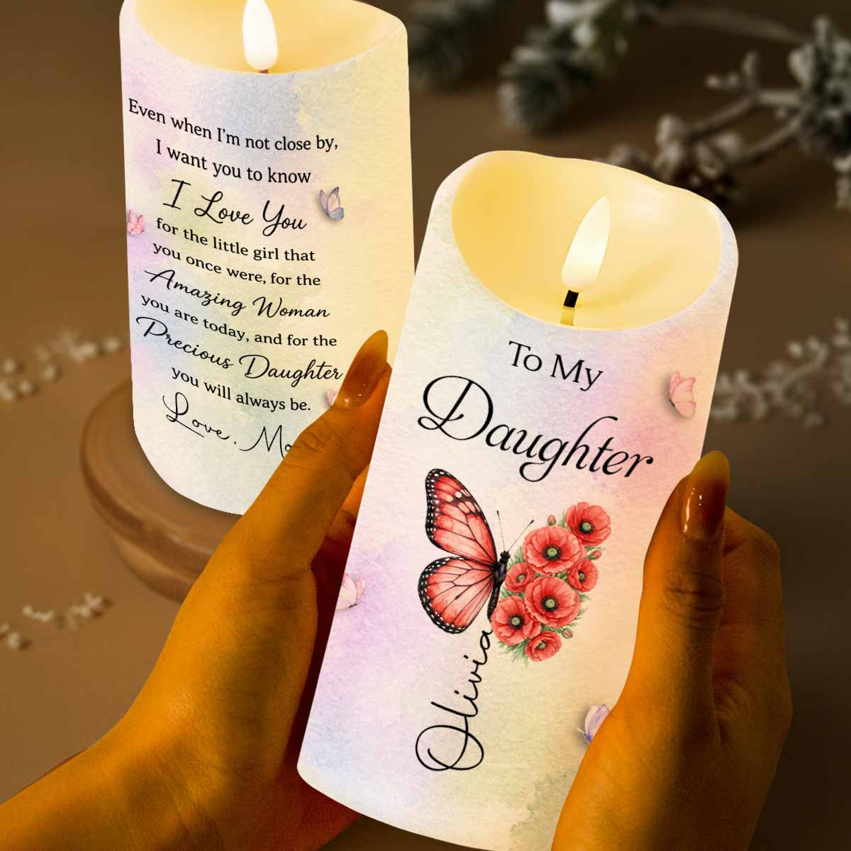 Personalized LED Candle with Birth Month Flowers Custom Gift for Daughter