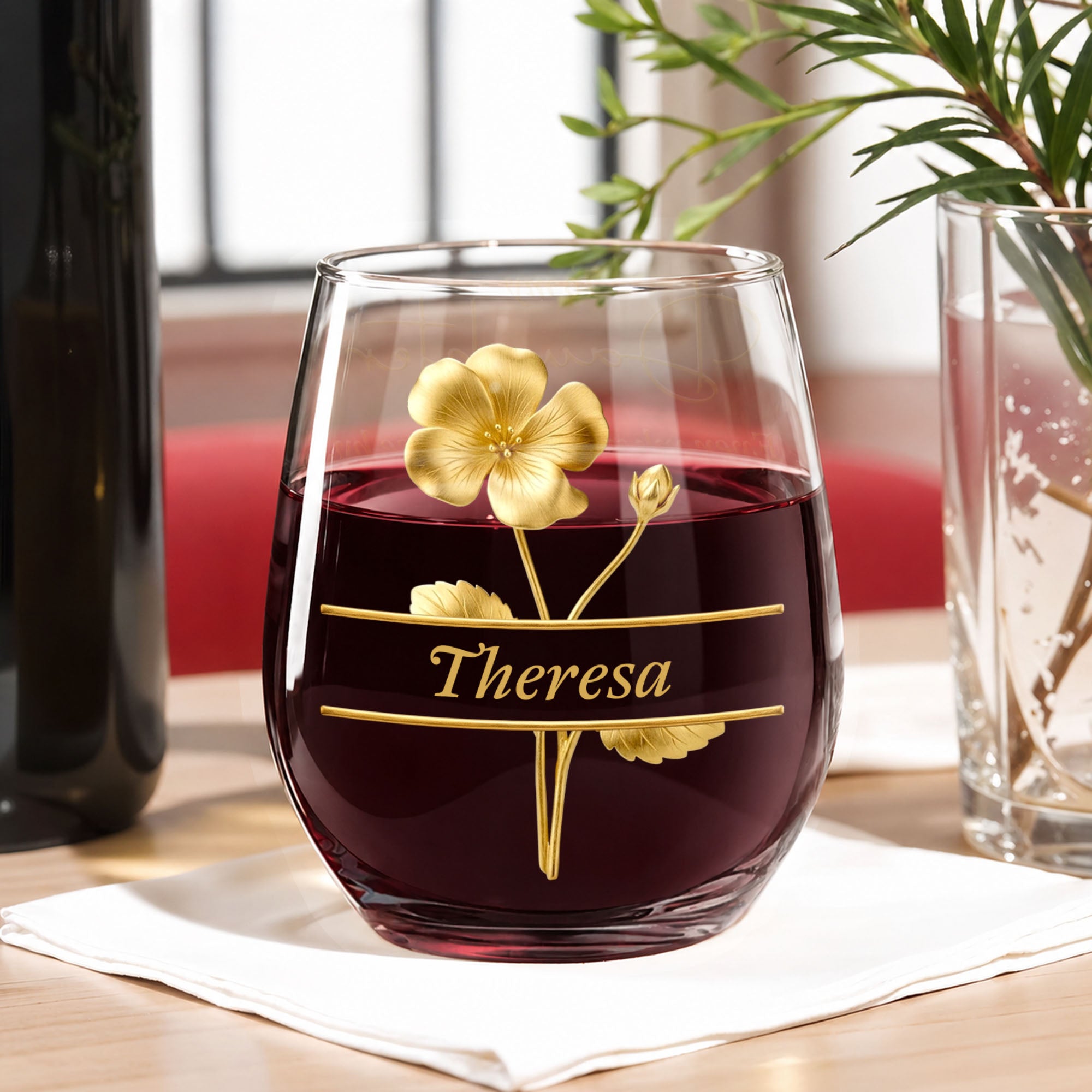 Personalized Wine Glass Gift for Daughter with Gold Flower Design