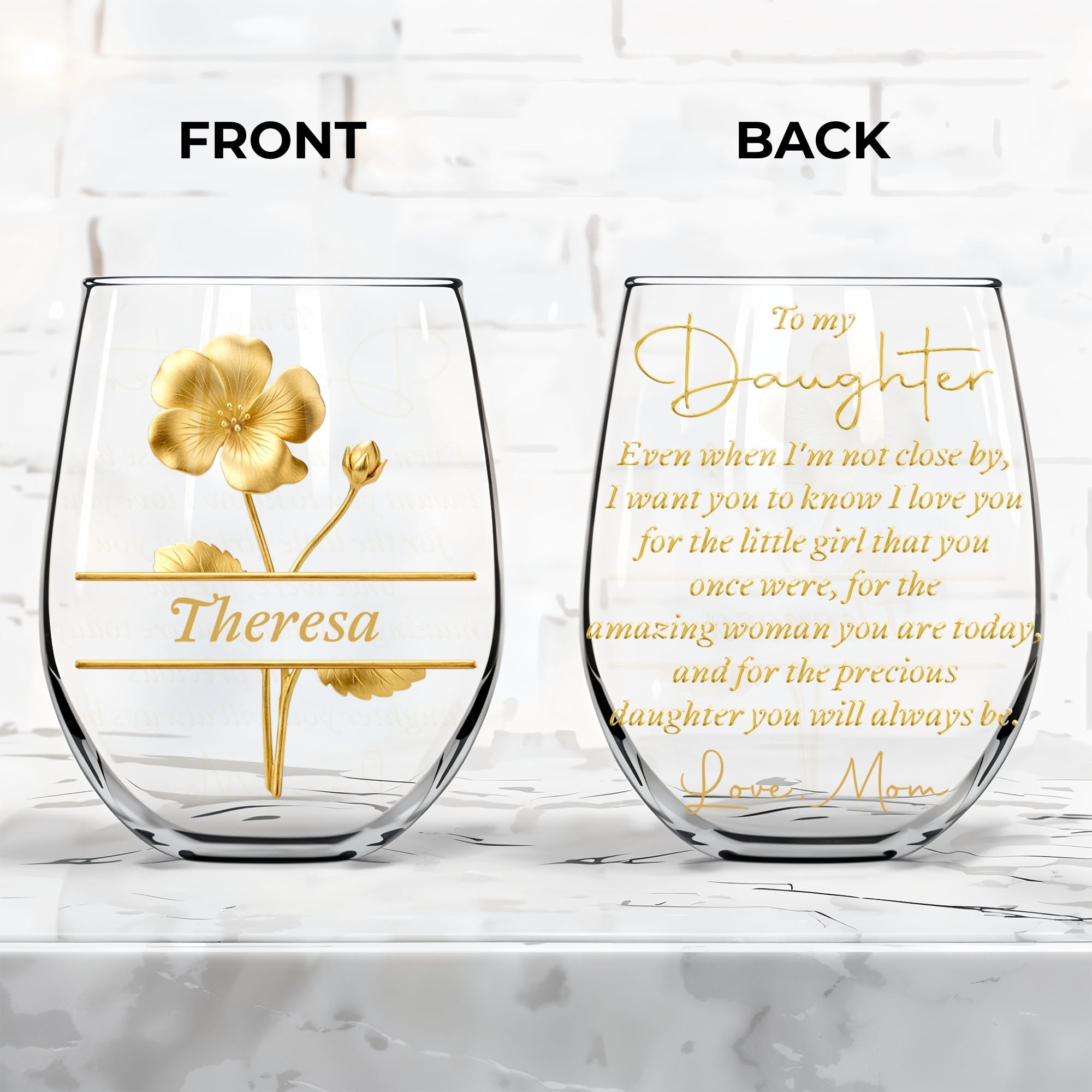 Personalized Wine Glass Gift for Daughter with Gold Flower Design