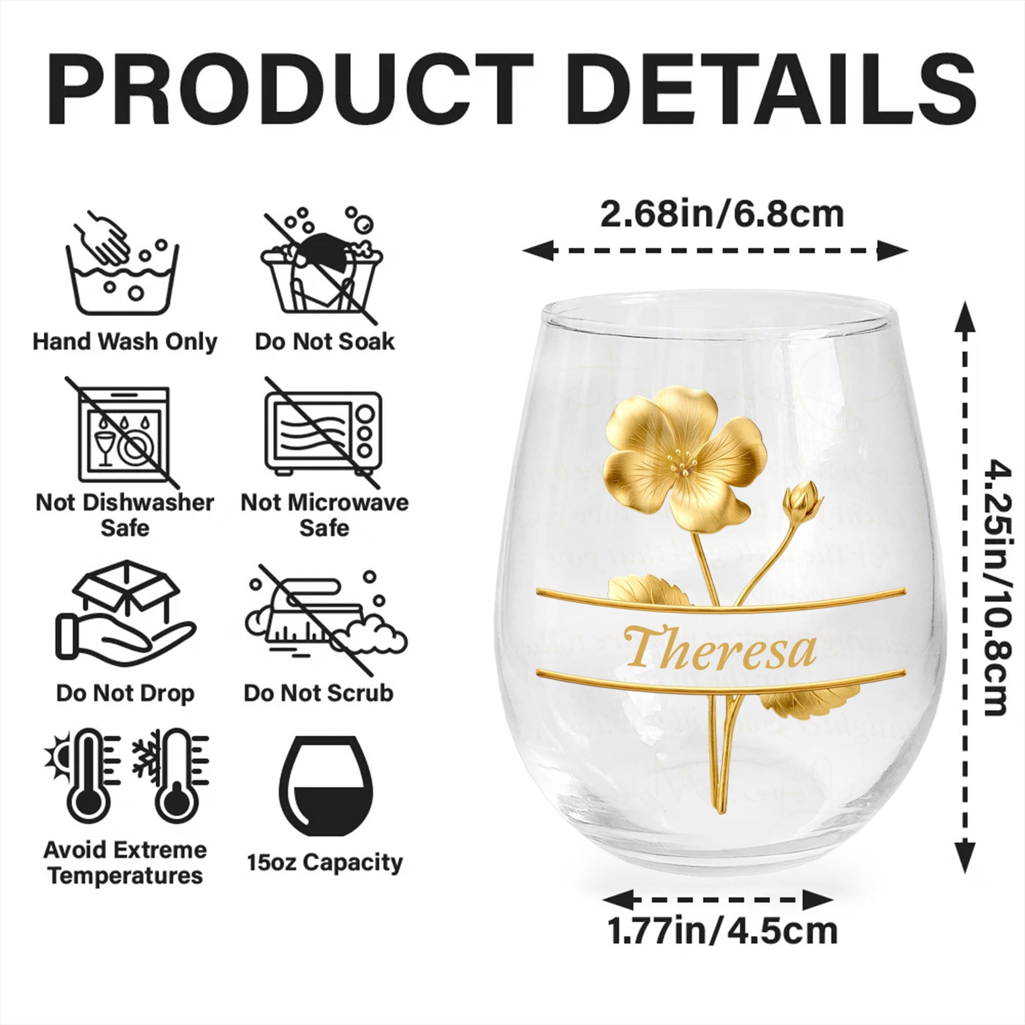 Personalized Wine Glass Gift for Daughter with Gold Flower Design