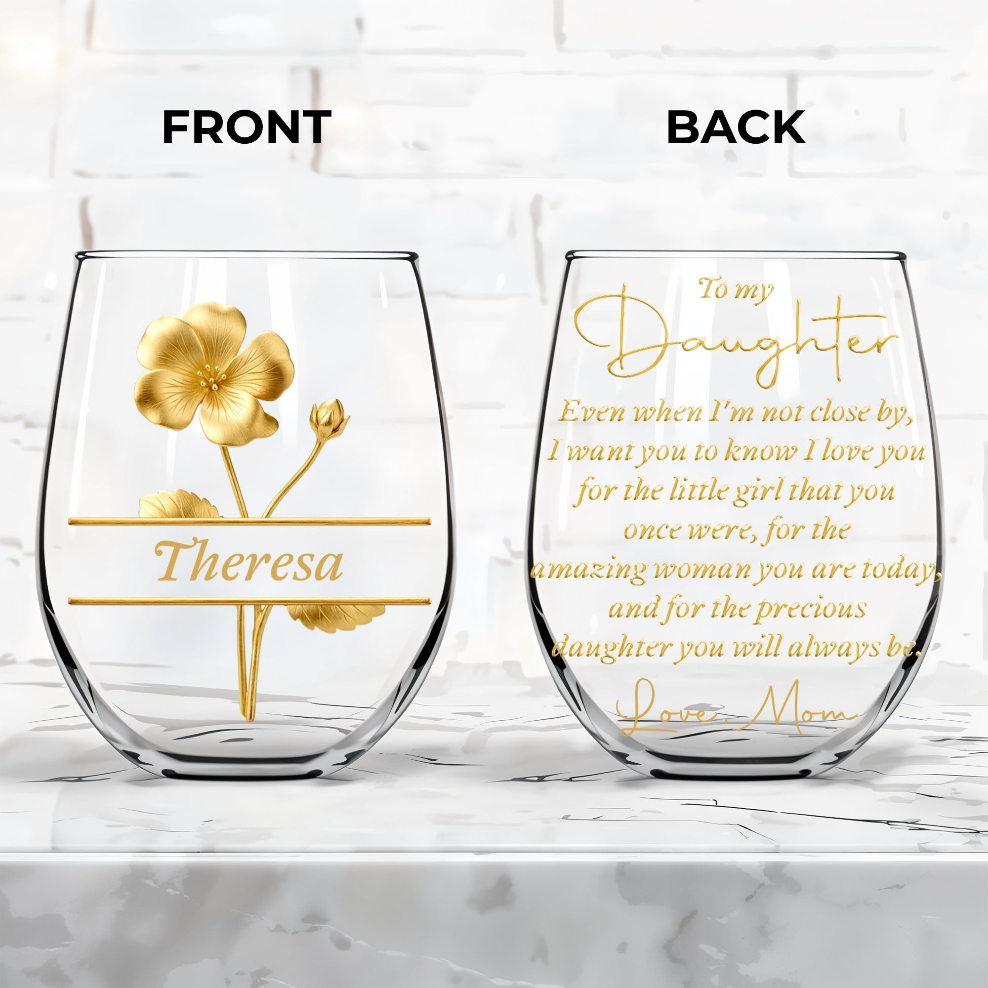 Personalized Wine Glass Gift for Daughter with Gold Flower Design