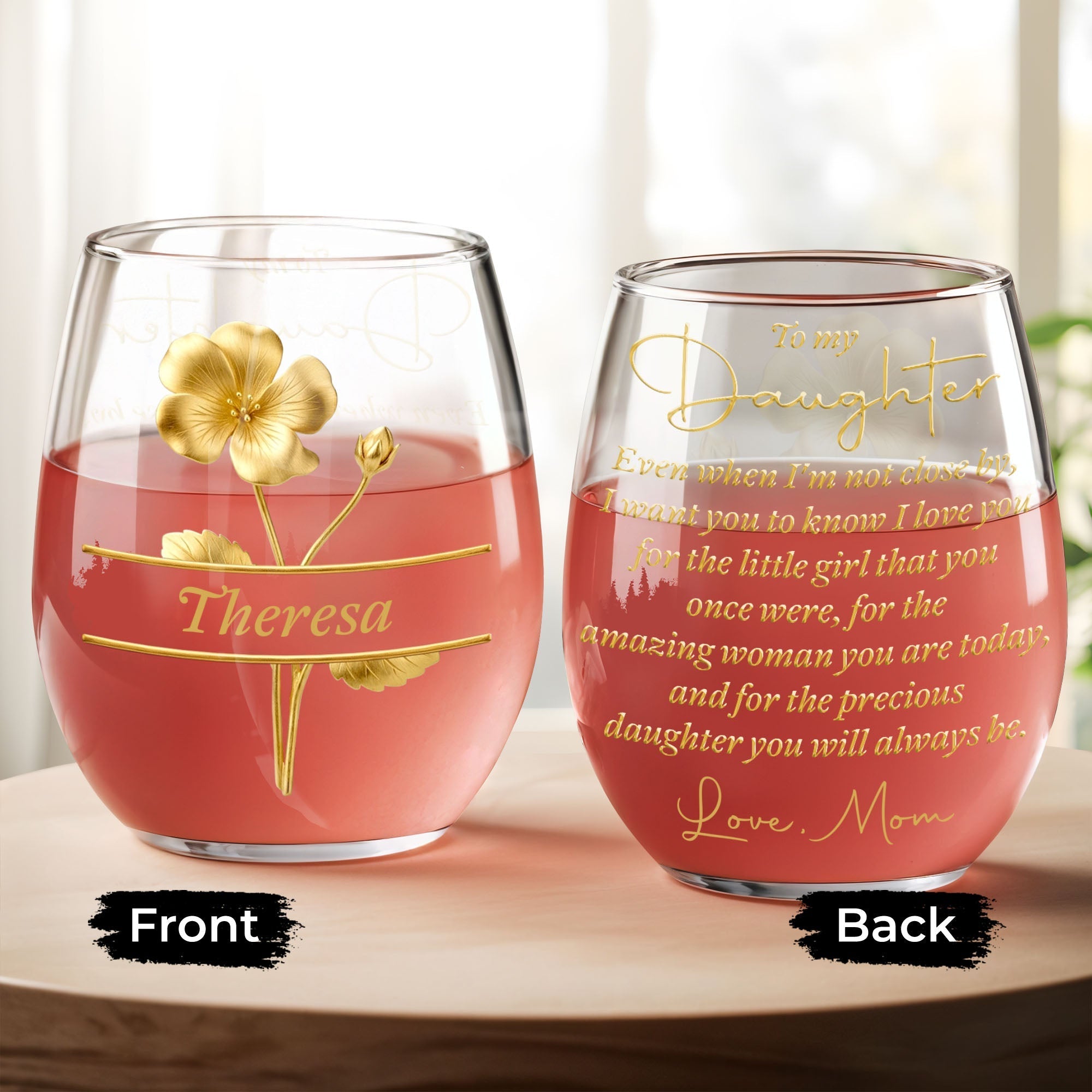 Personalized Wine Glass Gift for Daughter with Gold Flower Design