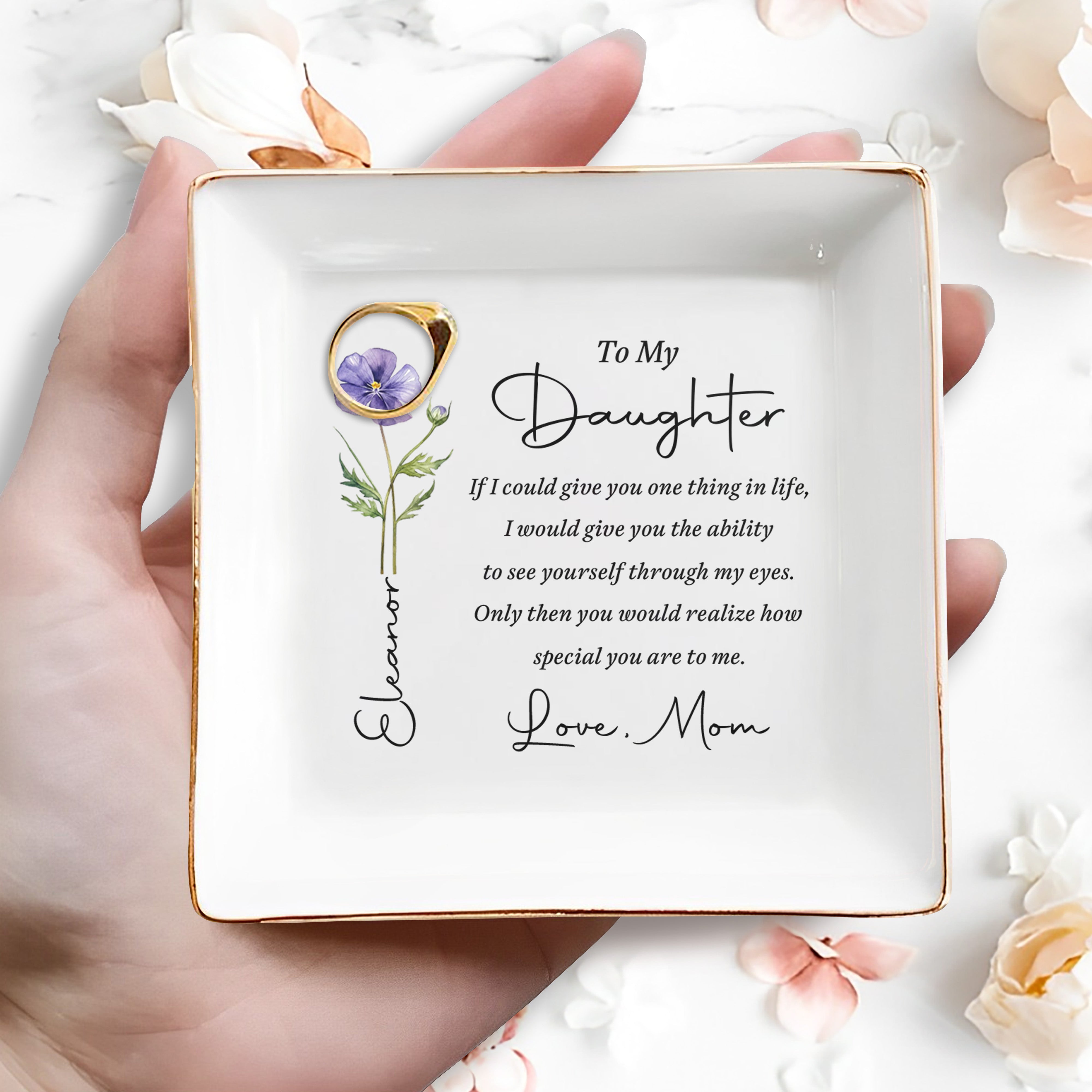 Personalized Birth Flower Jewelry Dish Custom Gift for Daughter