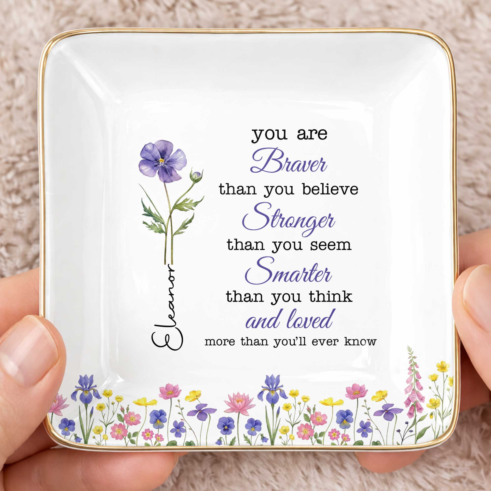Personalized Birth Month Watercolor Floral Jewelry Dish for Mom