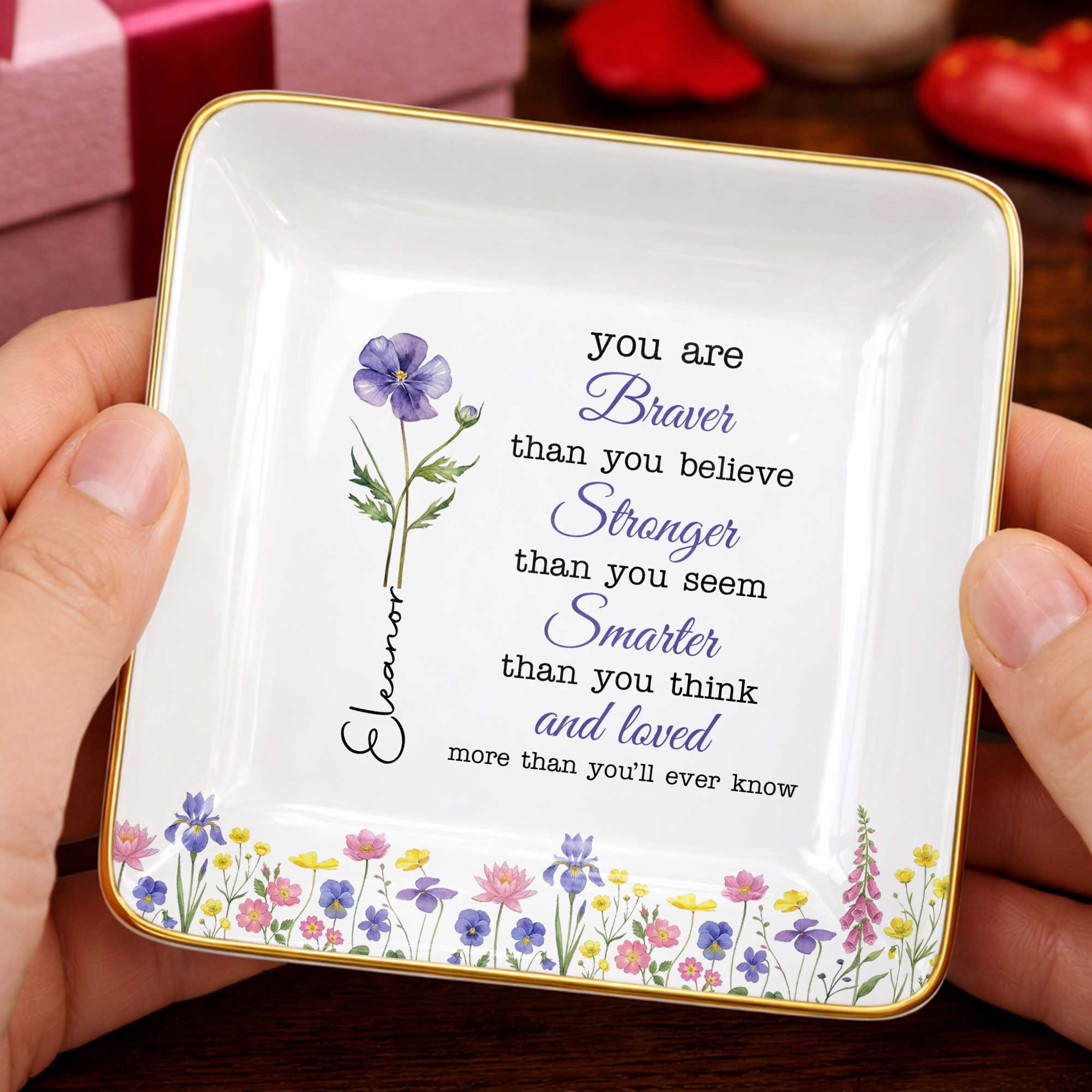 Personalized Birth Month Watercolor Floral Jewelry Dish for Mom