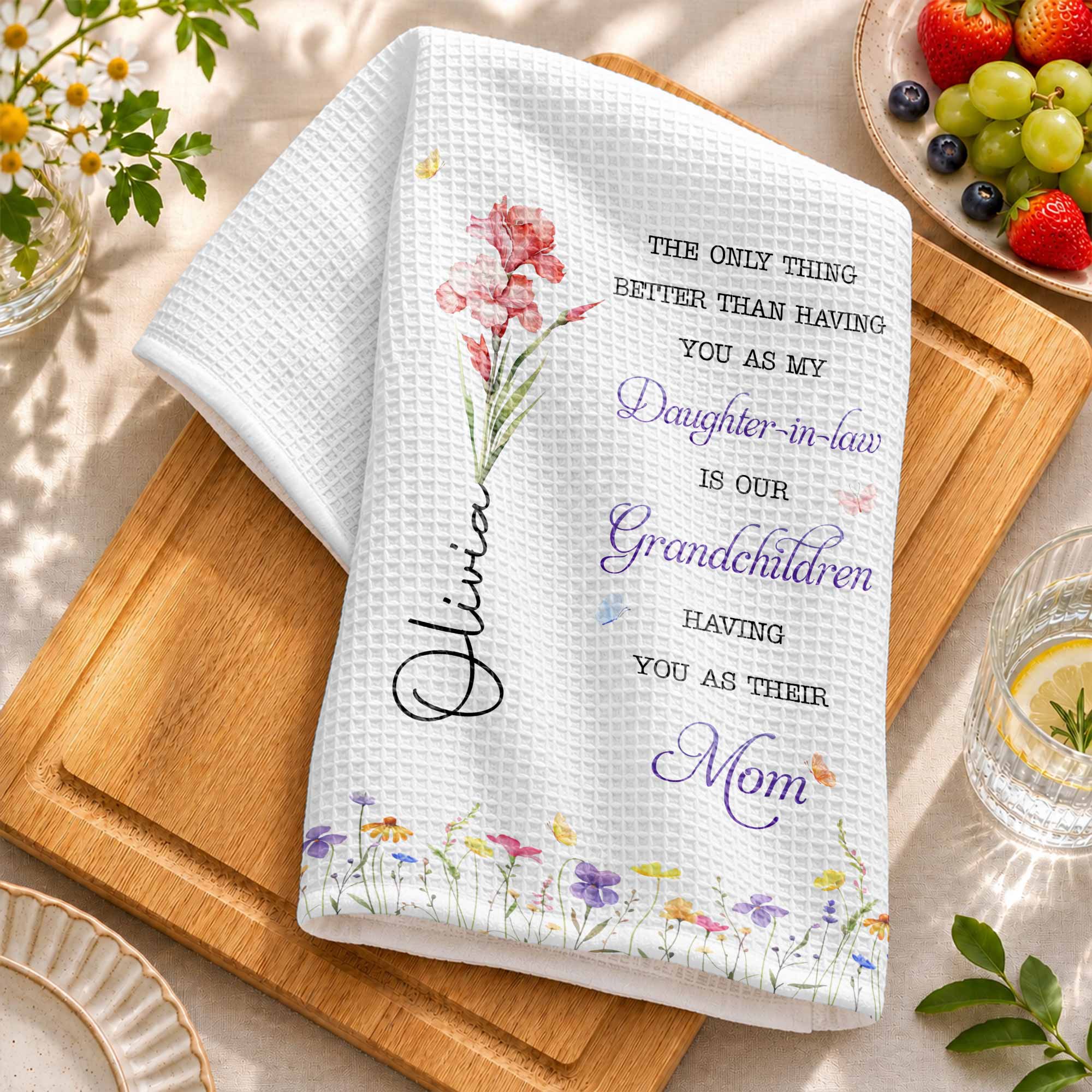 Personalized Kitchen Towel Custom Flower Gift for Daughter-in-Law