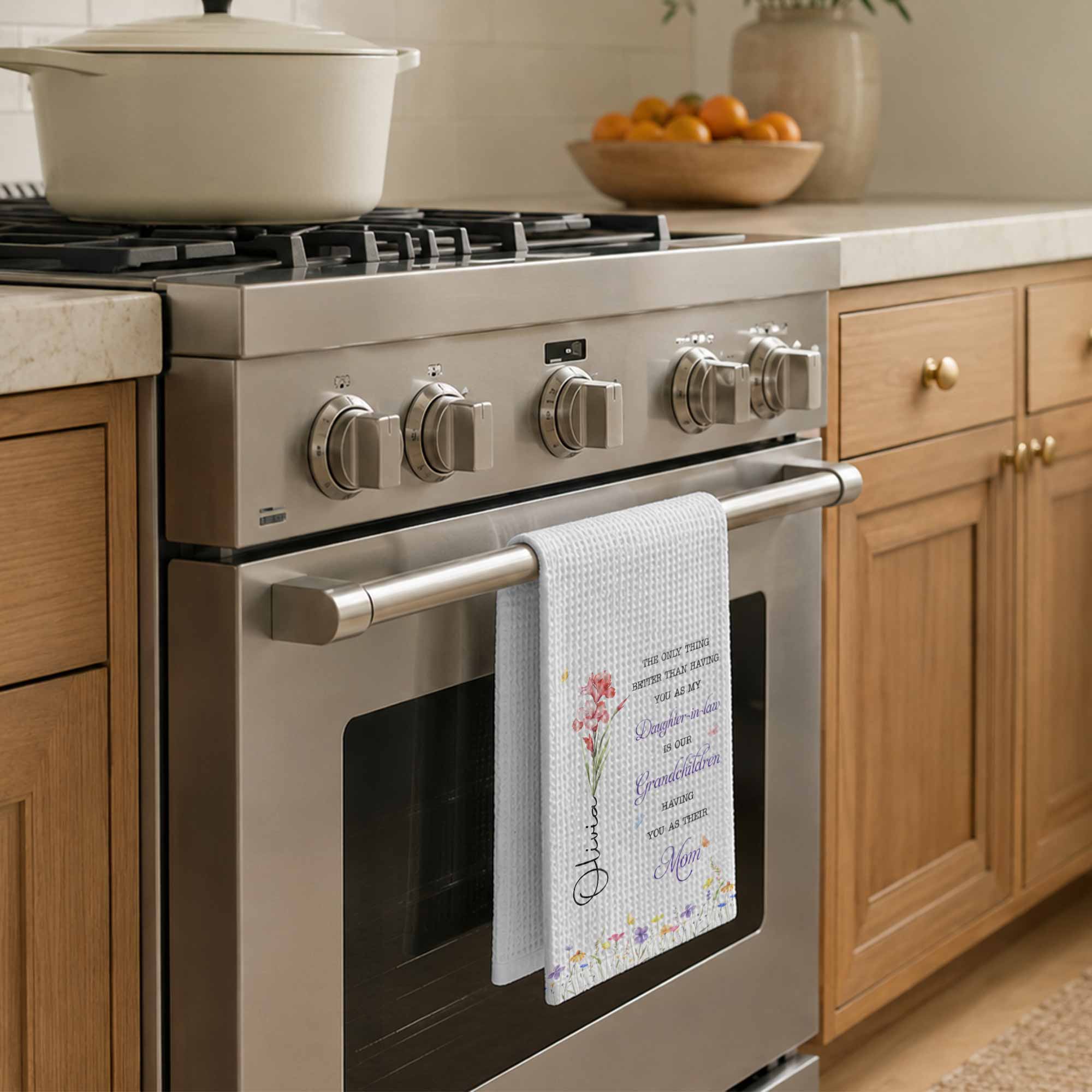 Personalized Kitchen Towel Custom Flower Gift for Daughter-in-Law