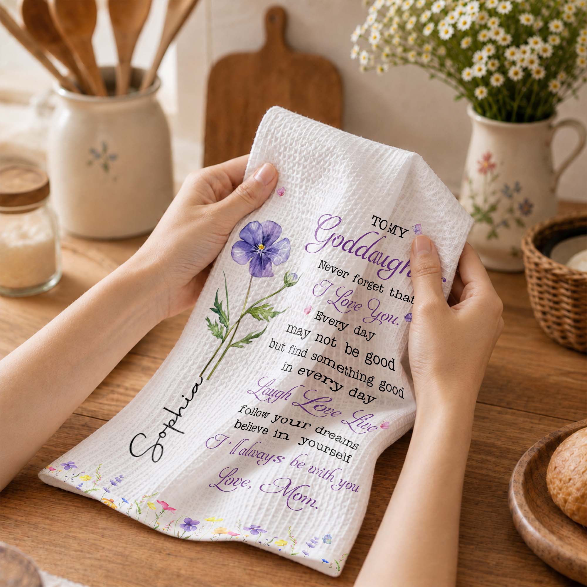 Personalized Kitchen Towel Custom Gift for Goddaughter Flower