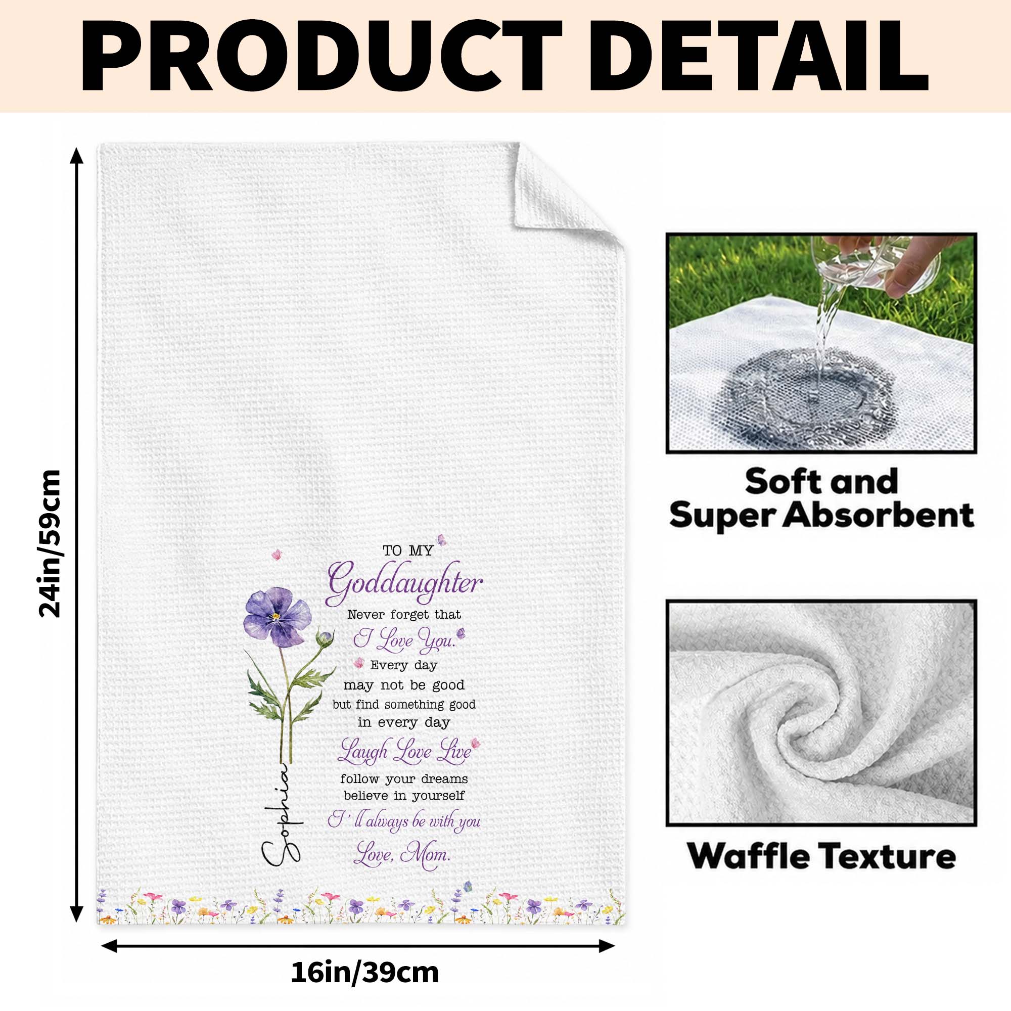 Personalized Kitchen Towel Custom Gift for Goddaughter Flower