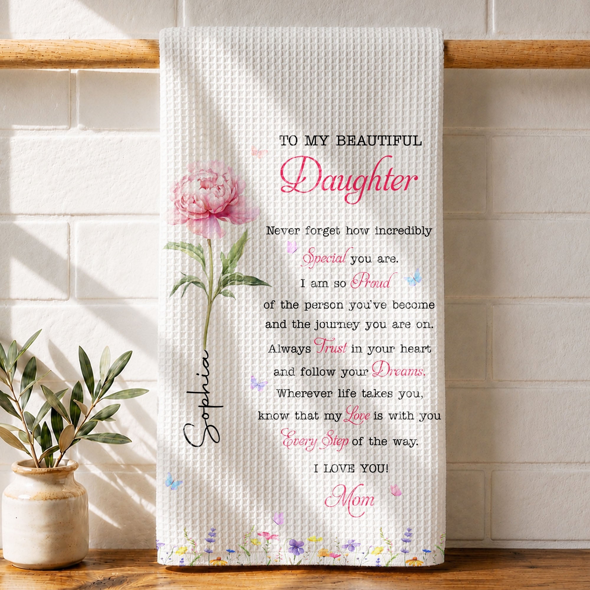 Personalized Kitchen Towel Gift for Daughter with Flowers & Butterflies