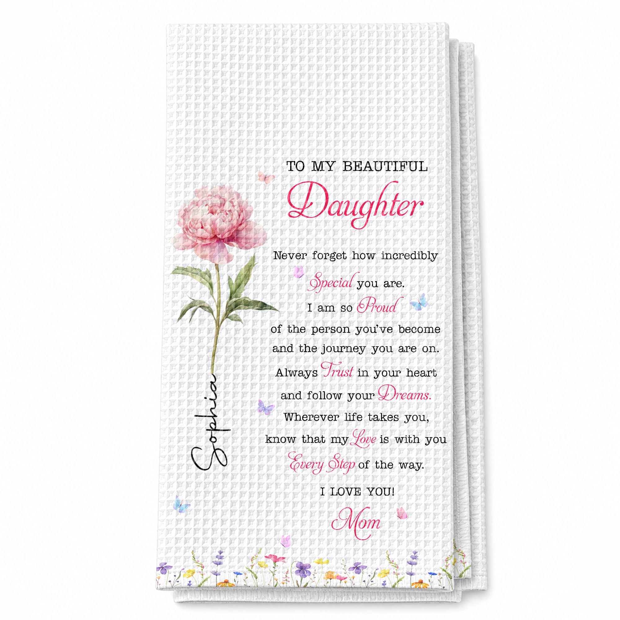 Personalized Kitchen Towel Gift for Daughter with Flowers & Butterflies