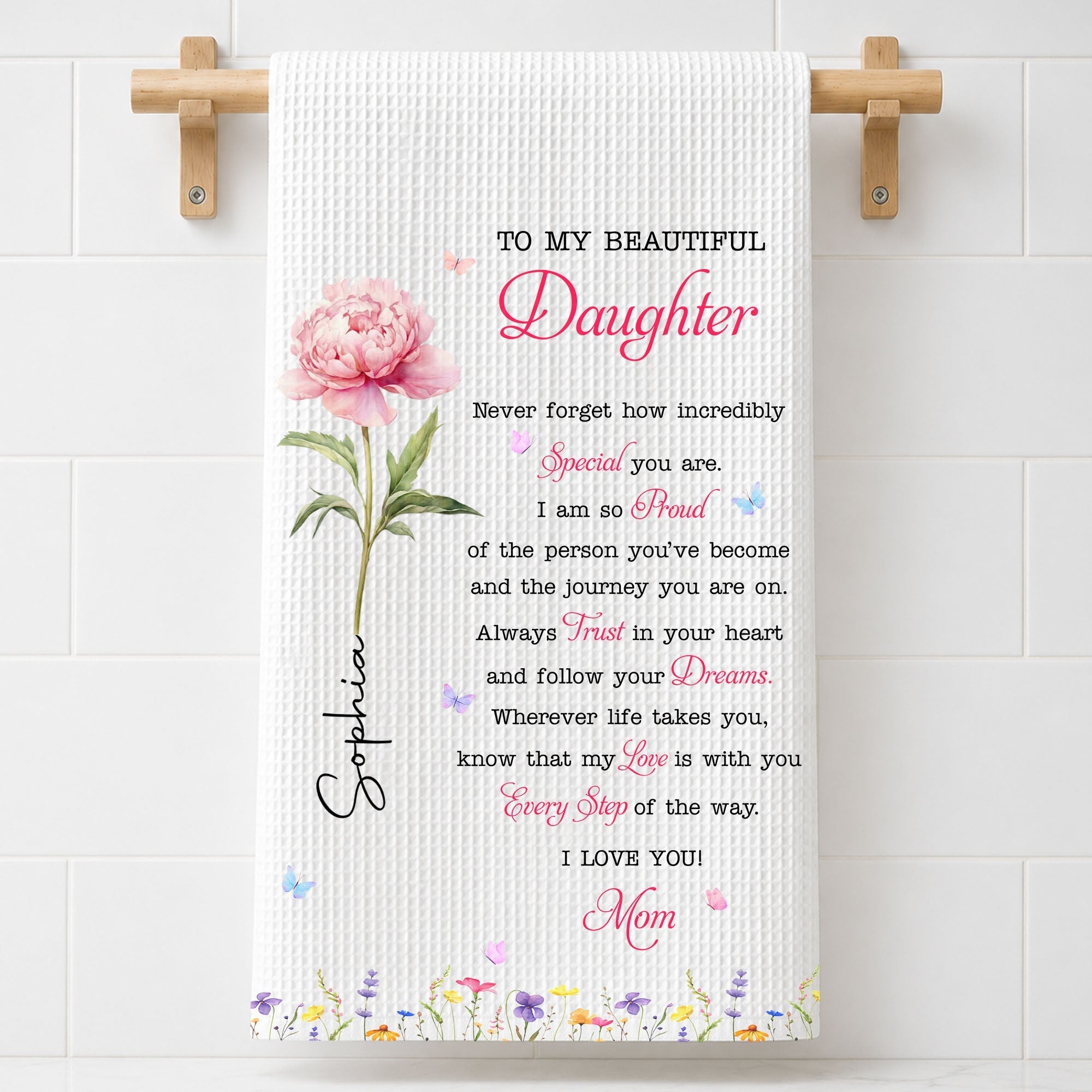 Personalized Kitchen Towel Gift for Daughter with Flowers & Butterflies