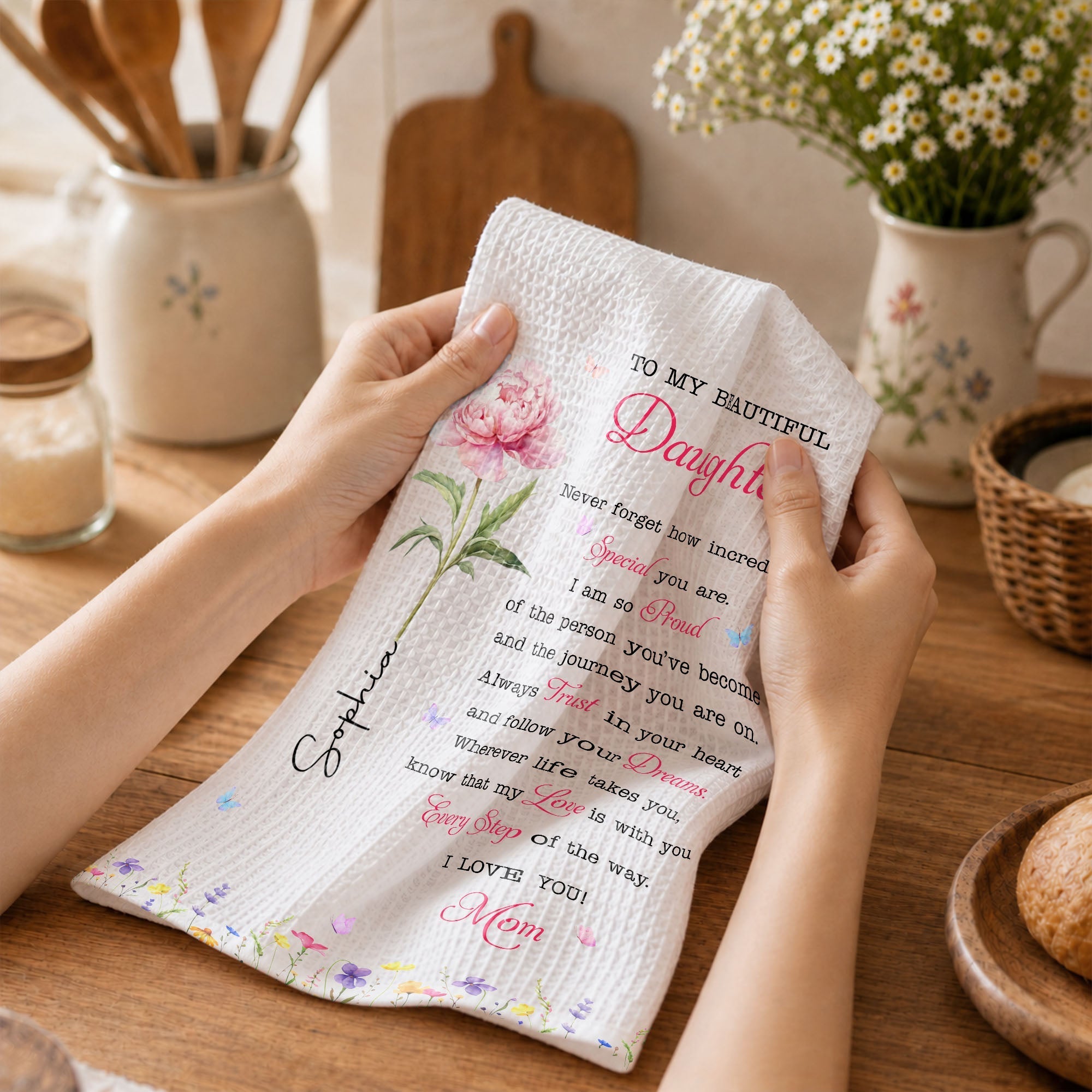 Personalized Kitchen Towel Gift for Daughter with Flowers & Butterflies