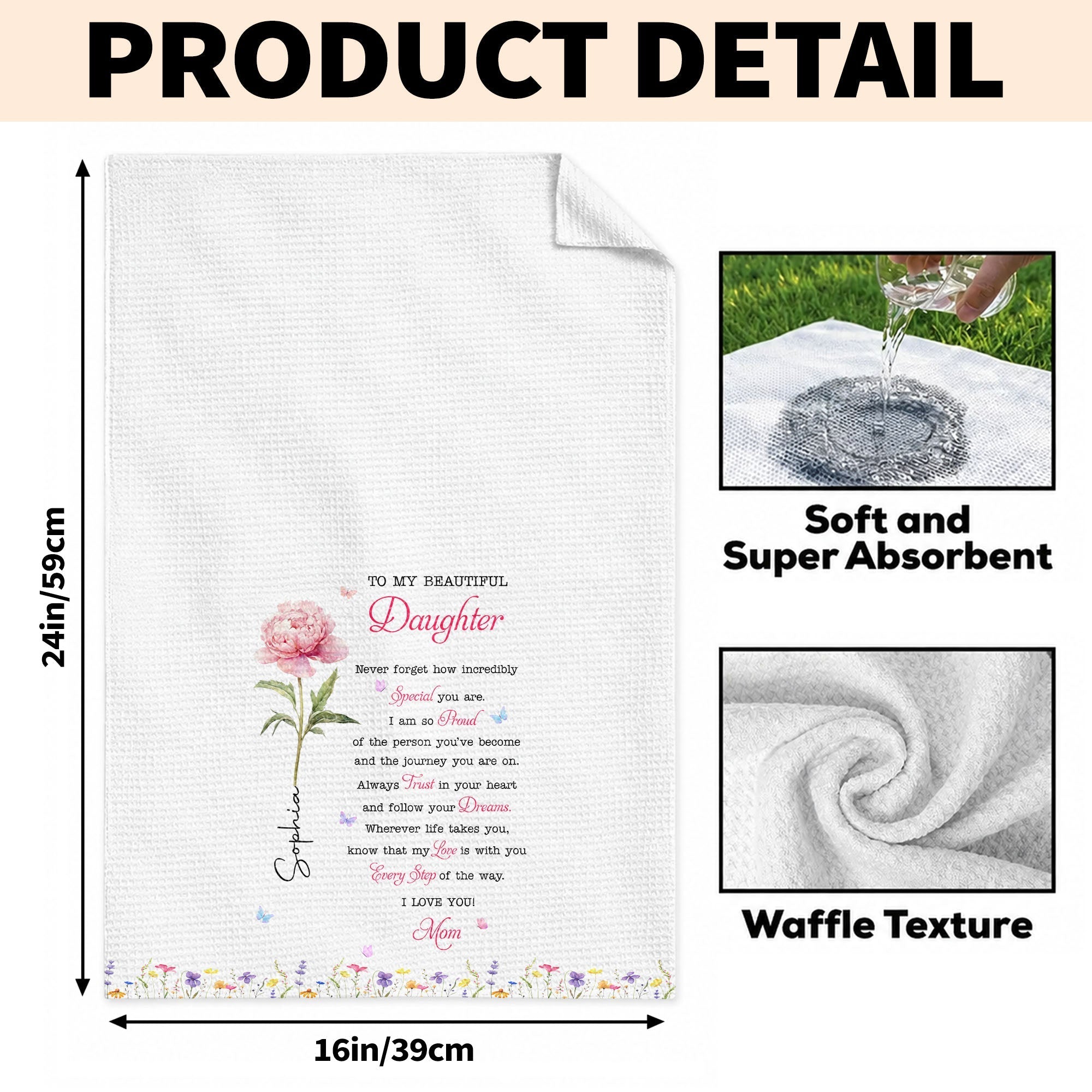 Personalized Kitchen Towel Gift for Daughter with Flowers & Butterflies
