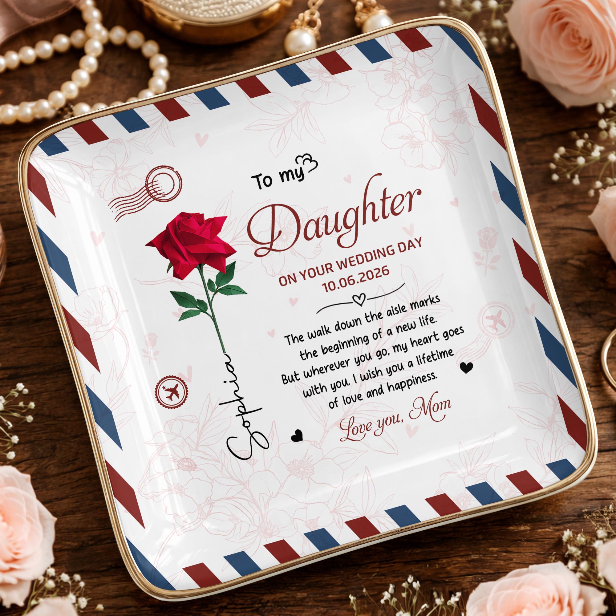 Personalized Jewelry Dish for Daughter Wedding Day Gift - Ceramic with Rose Design