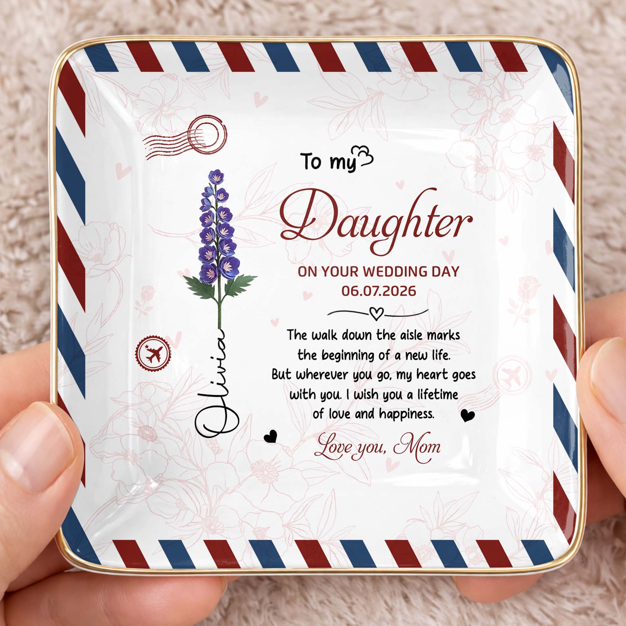 Personalized Jewelry Dish for Daughter Wedding Day Gift - Ceramic with Rose Design