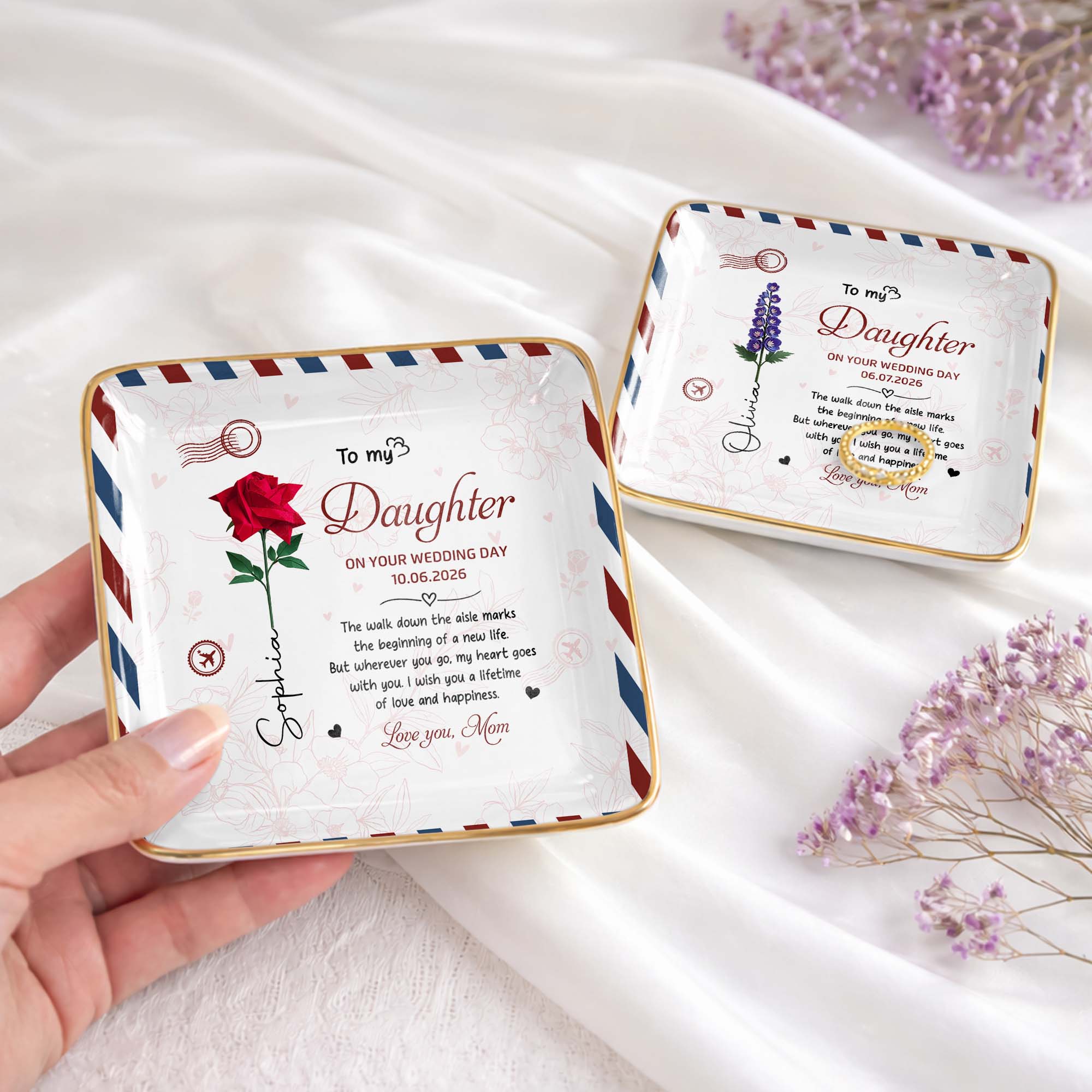 Personalized Jewelry Dish for Daughter Wedding Day Gift - Ceramic with Rose Design