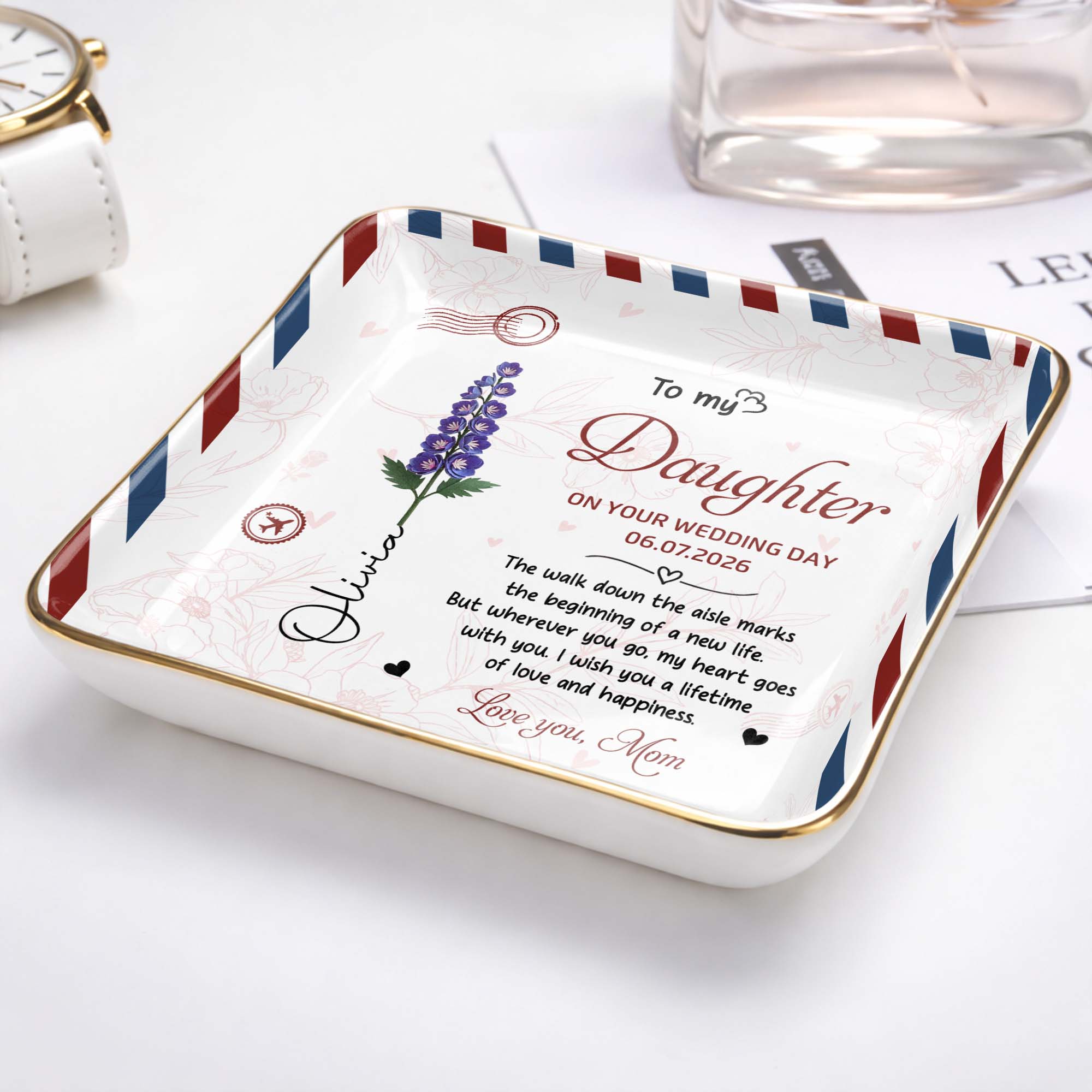 Personalized Jewelry Dish for Daughter Wedding Day Gift - Ceramic with Rose Design