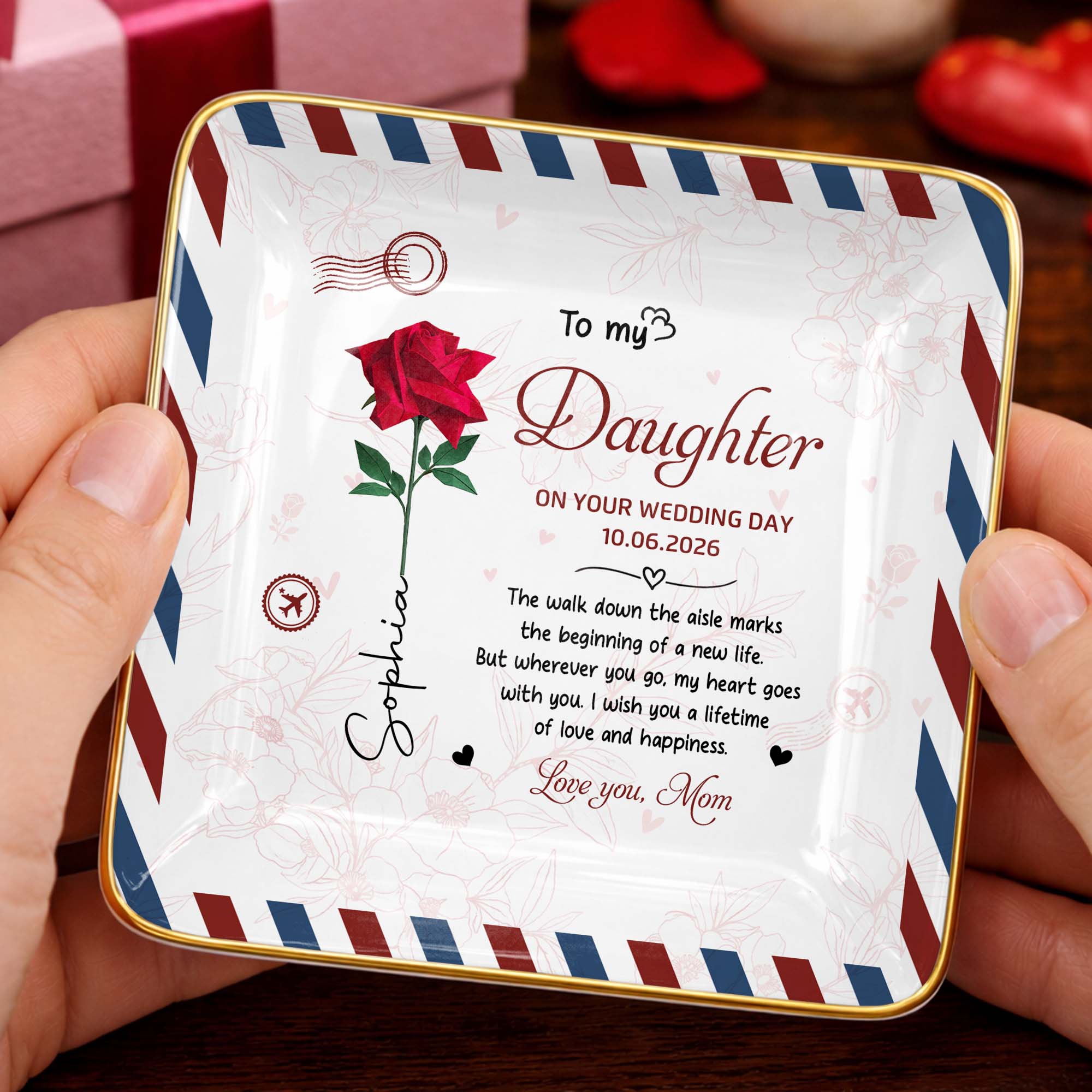 Personalized Jewelry Dish for Daughter Wedding Day Gift - Ceramic with Rose Design