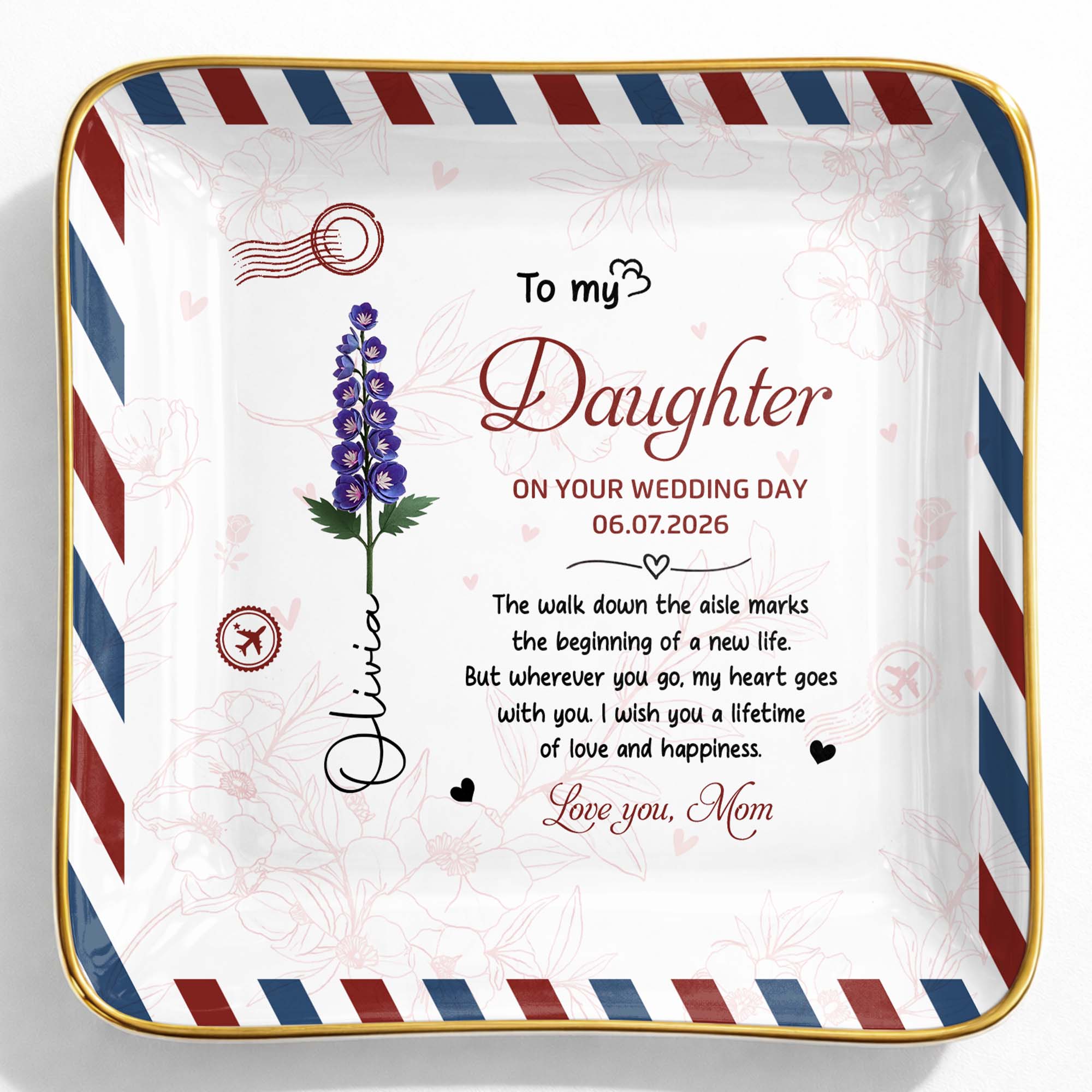 Personalized Jewelry Dish for Daughter Wedding Day Gift - Ceramic with Rose Design
