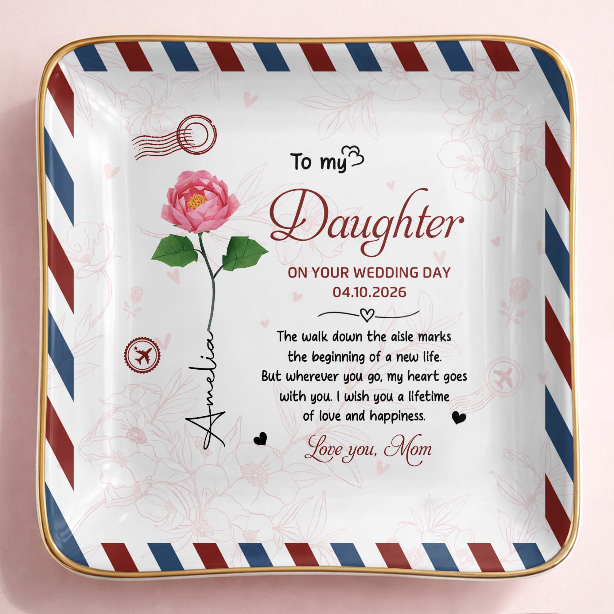 Personalized Jewelry Dish for Daughter Wedding Day Gift - Ceramic with Rose Design