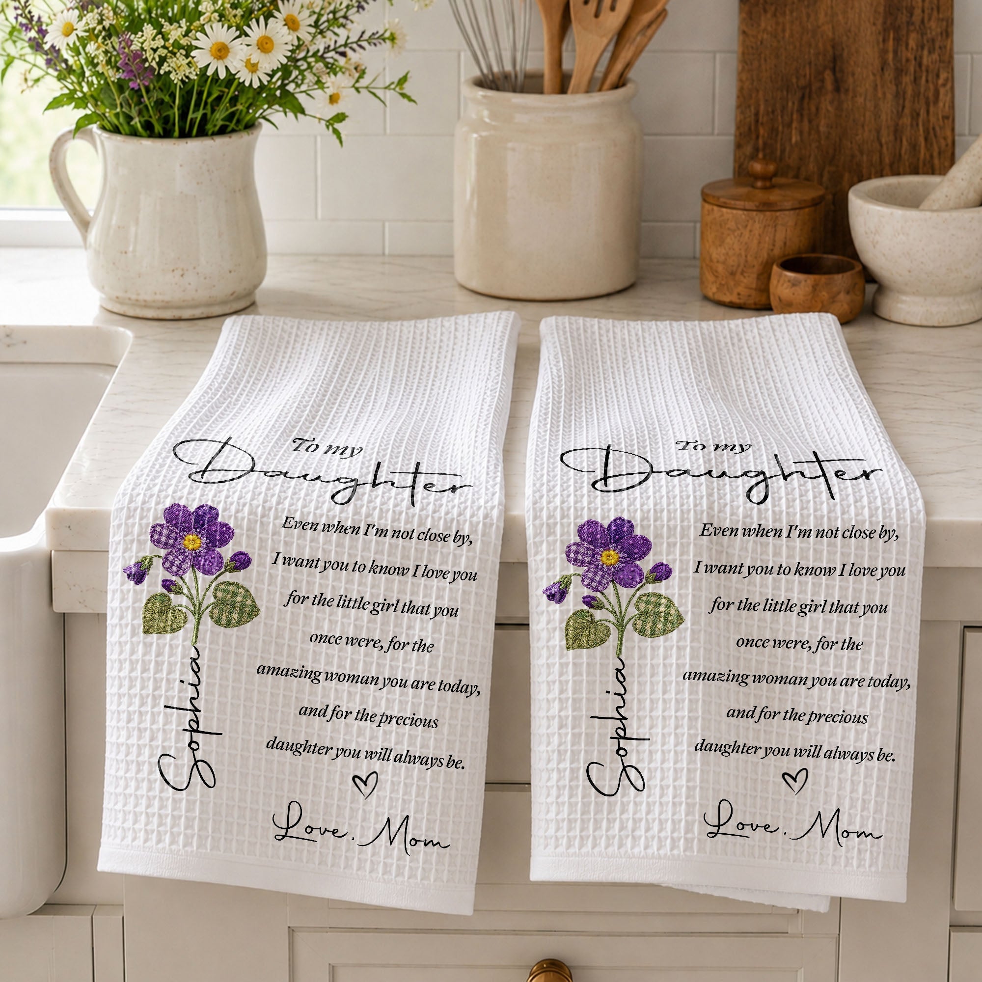 Personalized Kitchen Towel for Daughter with Flower Heart Design