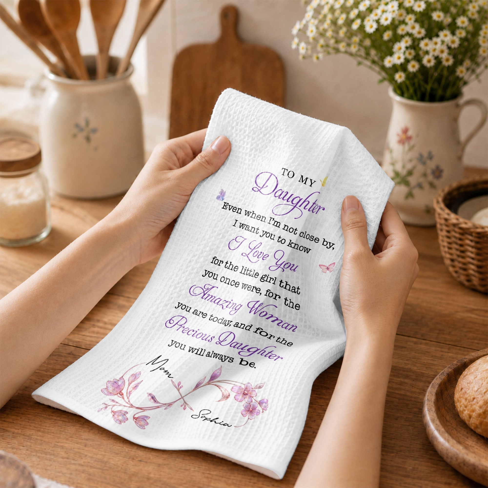 Personalized Kitchen Towel for Daughter Infinity Flowers Gift