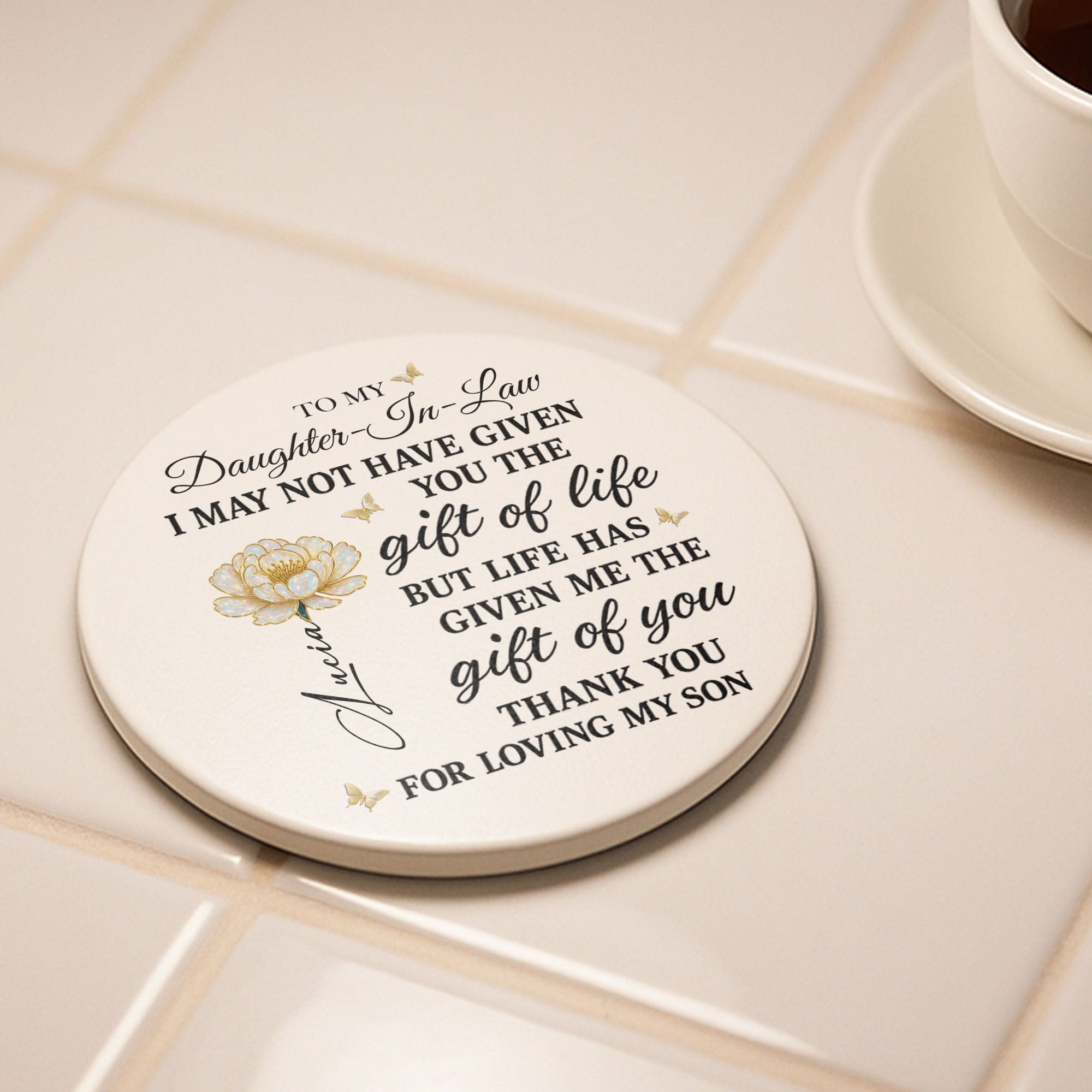 Personalized Flower Ceramic Coaster Gift for Daughter-in-Law