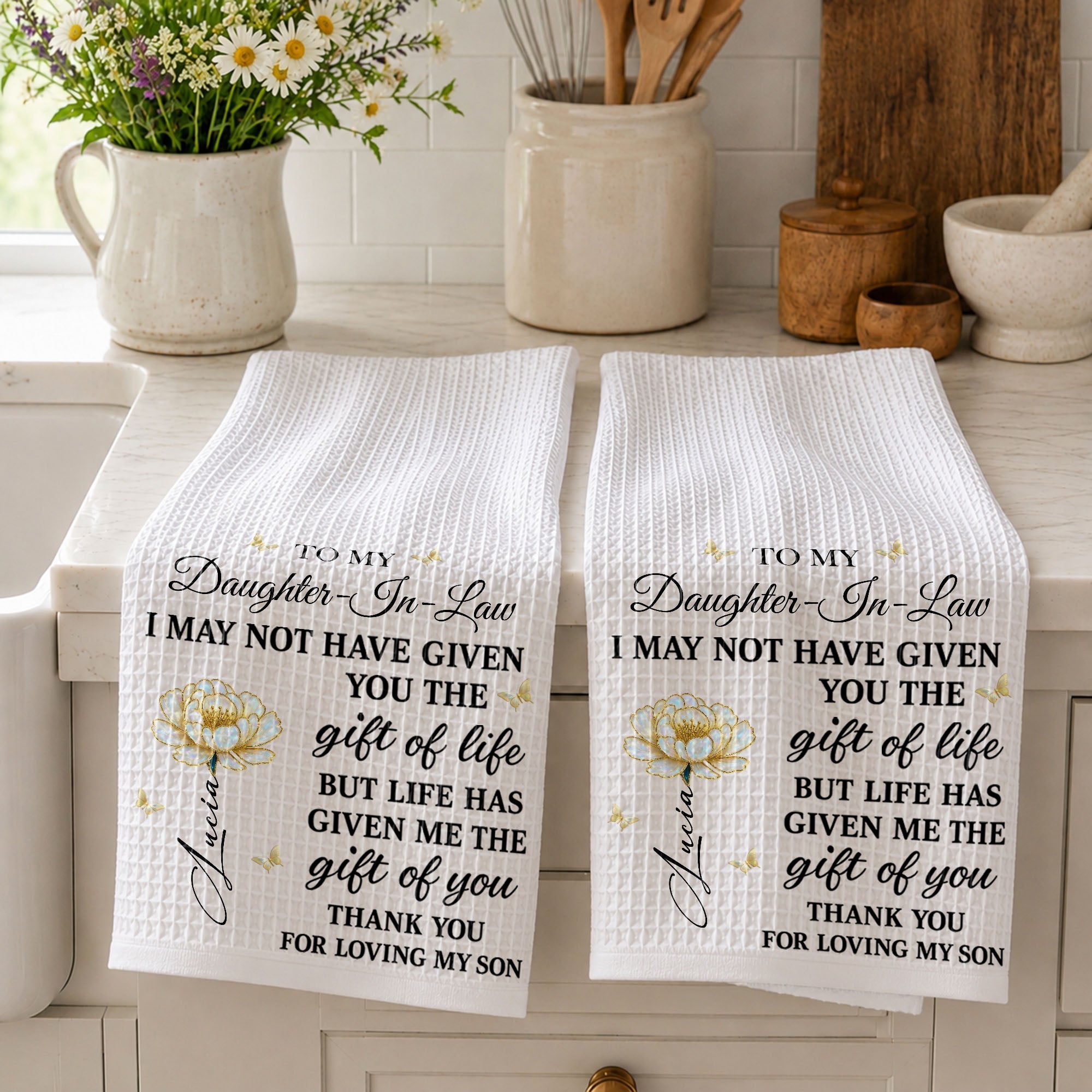 Personalized Kitchen Towel Custom Flower Gift for Daughter-in-Law